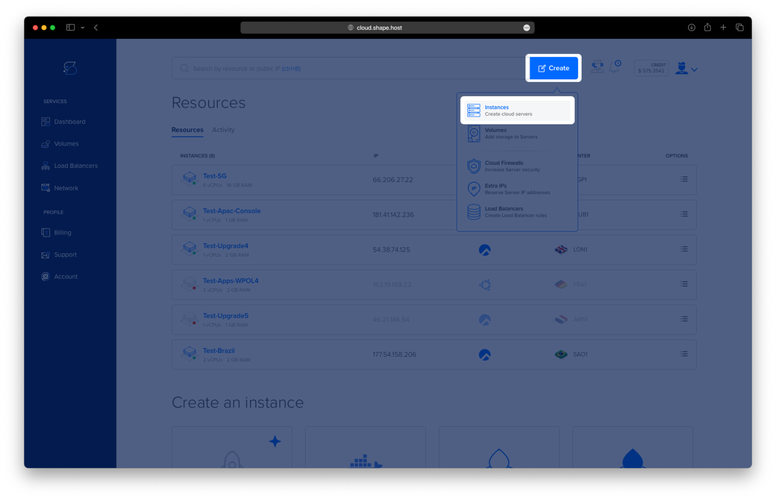 Shape.host Resources dashboard with Create > Instance highlighted.