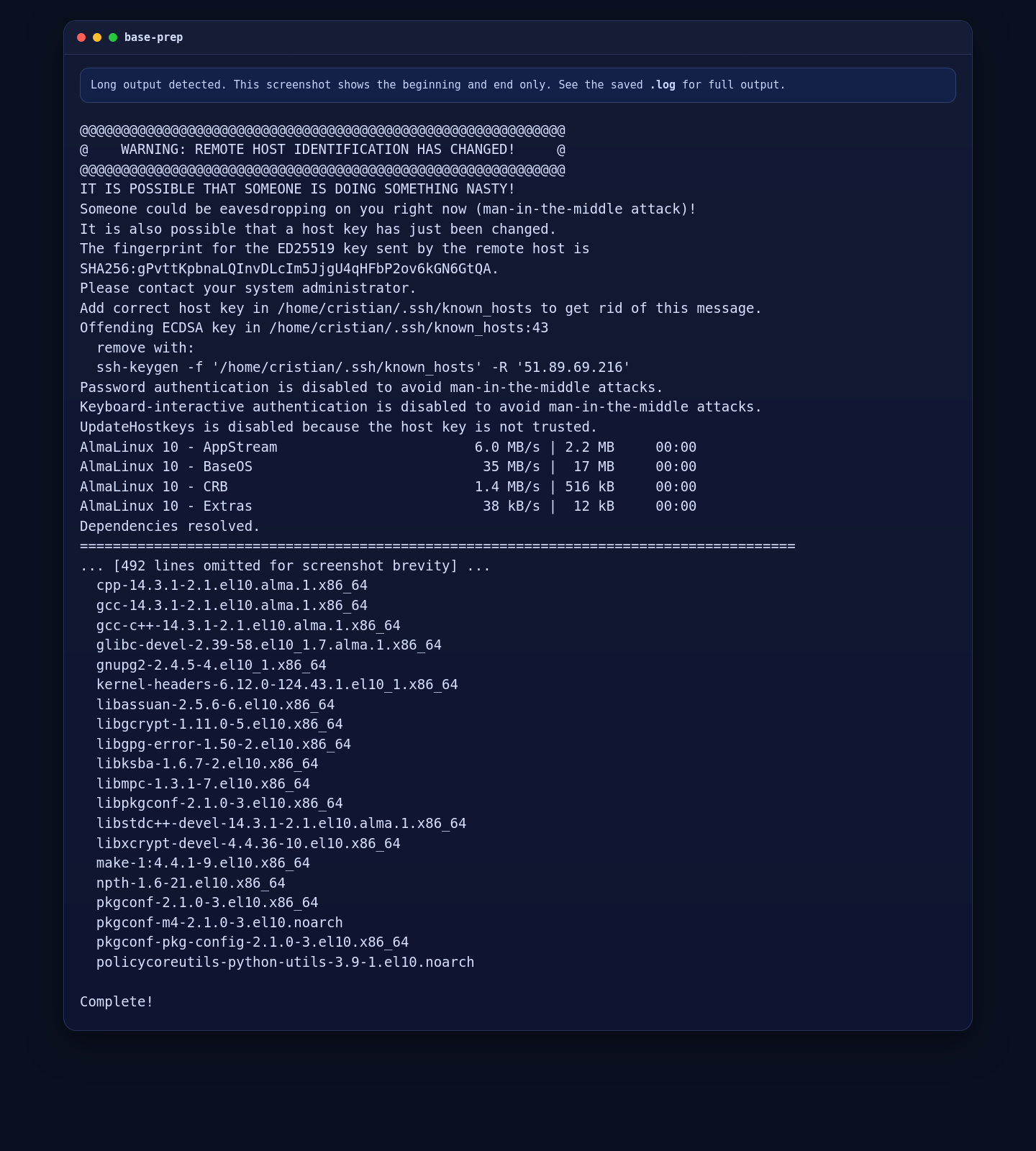 Updating AlmaLinux 10 and installing base dependencies for n8n