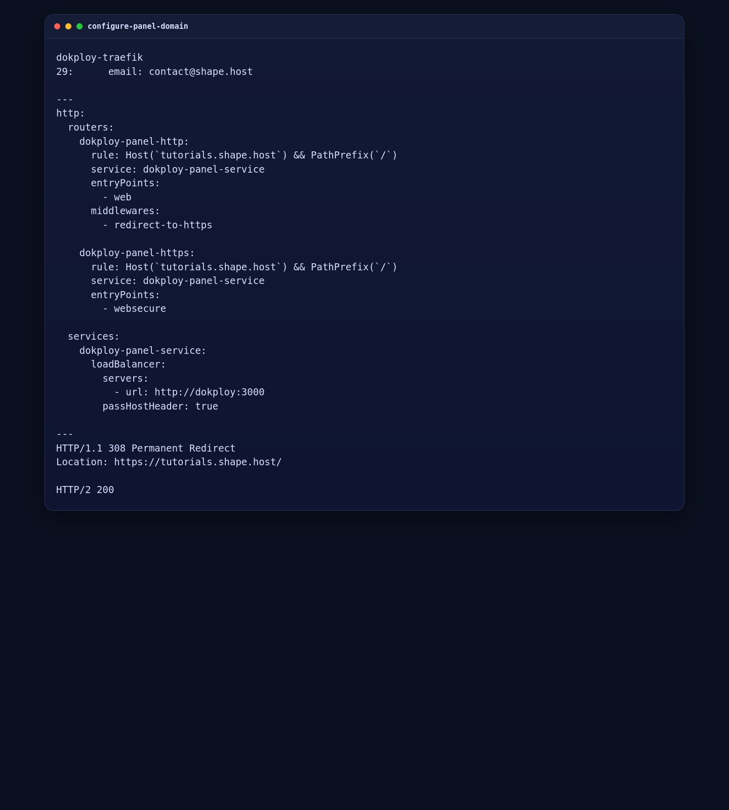 Dokploy panel route configured for tutorials.shape.host on Ubuntu 24.04
