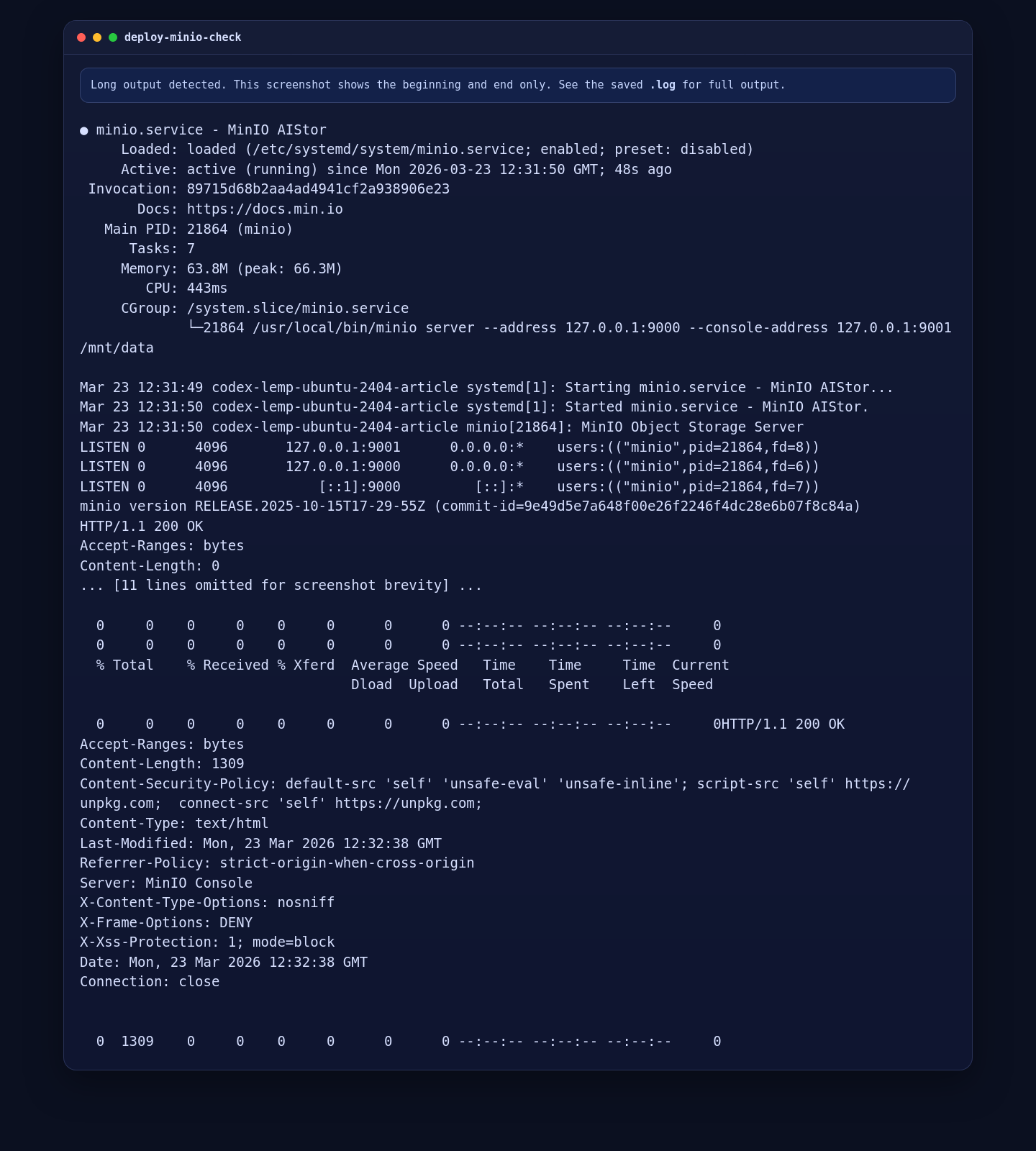 MinIO local service validation on AlmaLinux 10