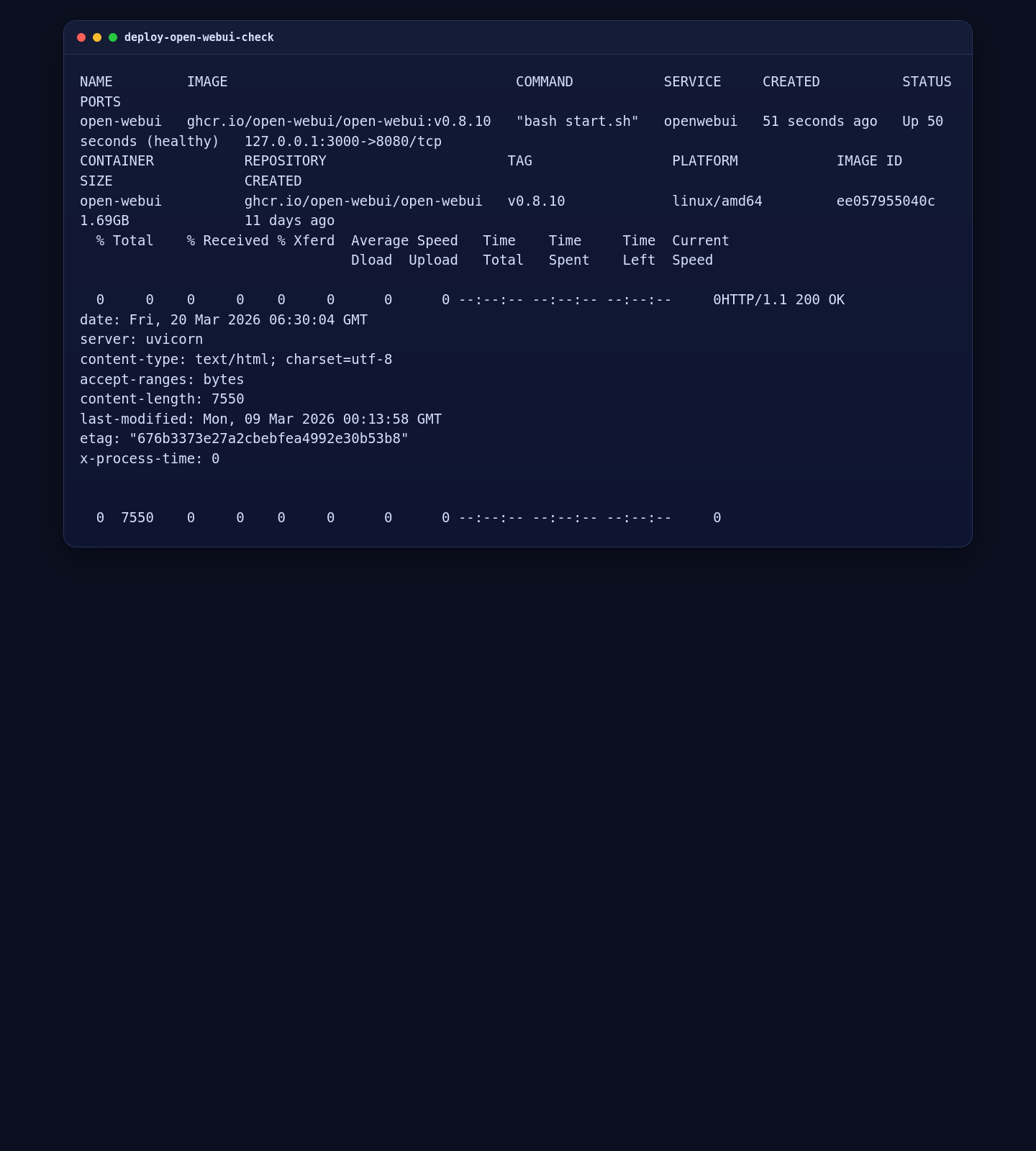 Open WebUI container status and local HTTP validation on AlmaLinux 10