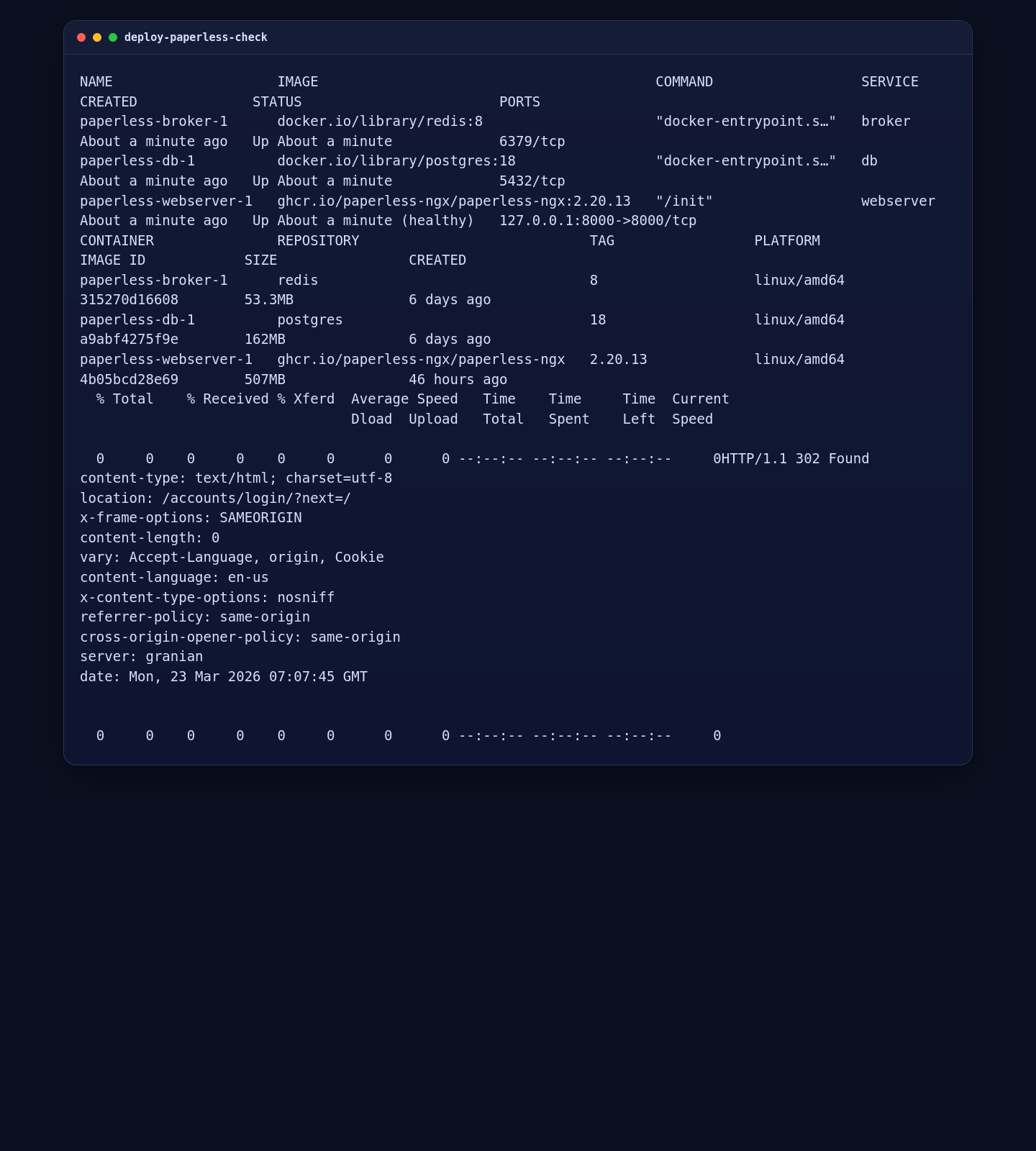Paperless-ngx container status and local HTTP validation on AlmaLinux 10