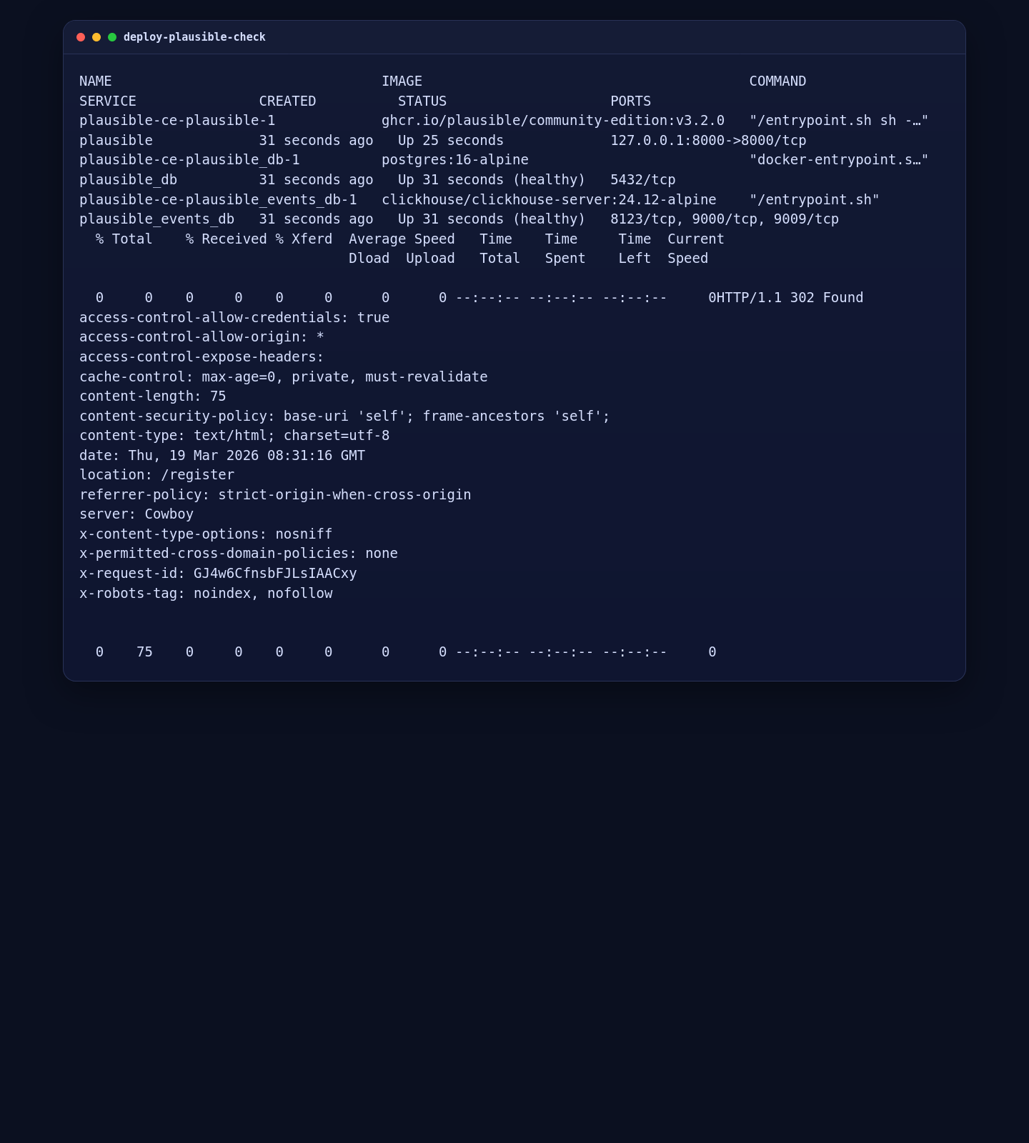 Validating Plausible Analytics Community Edition containers and local HTTP response on AlmaLinux 10