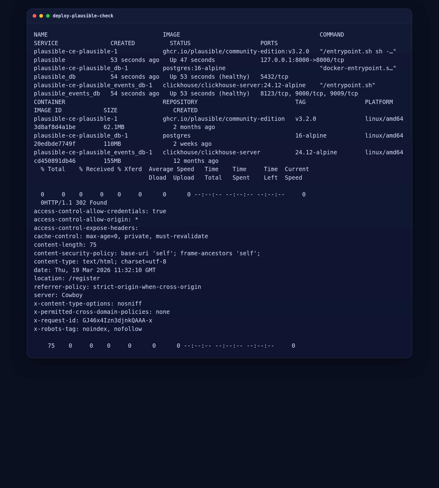Validating Plausible Analytics Community Edition containers and local HTTP response on Ubuntu 24.04