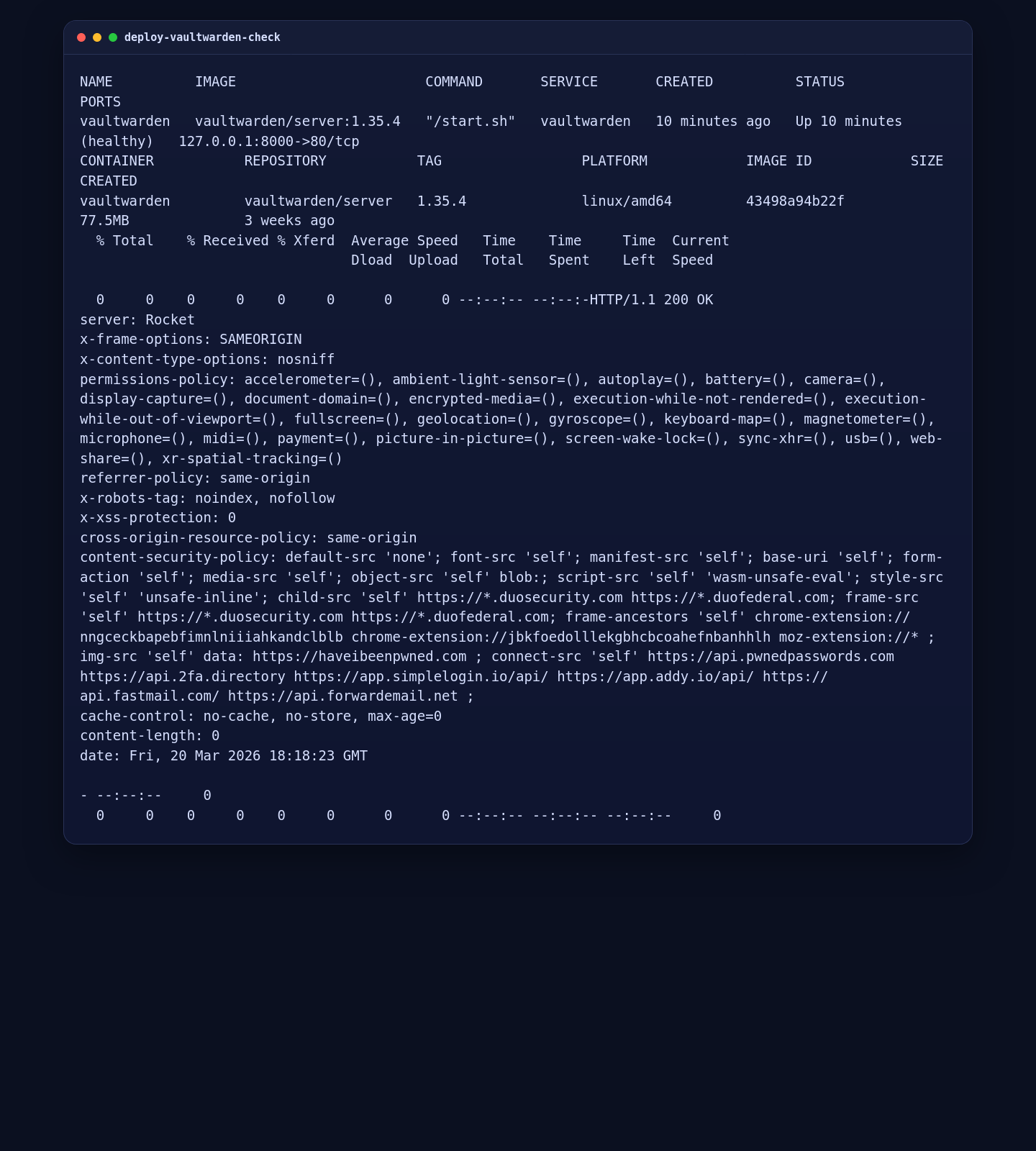 Vaultwarden container status and local HTTP validation on Ubuntu 24.04