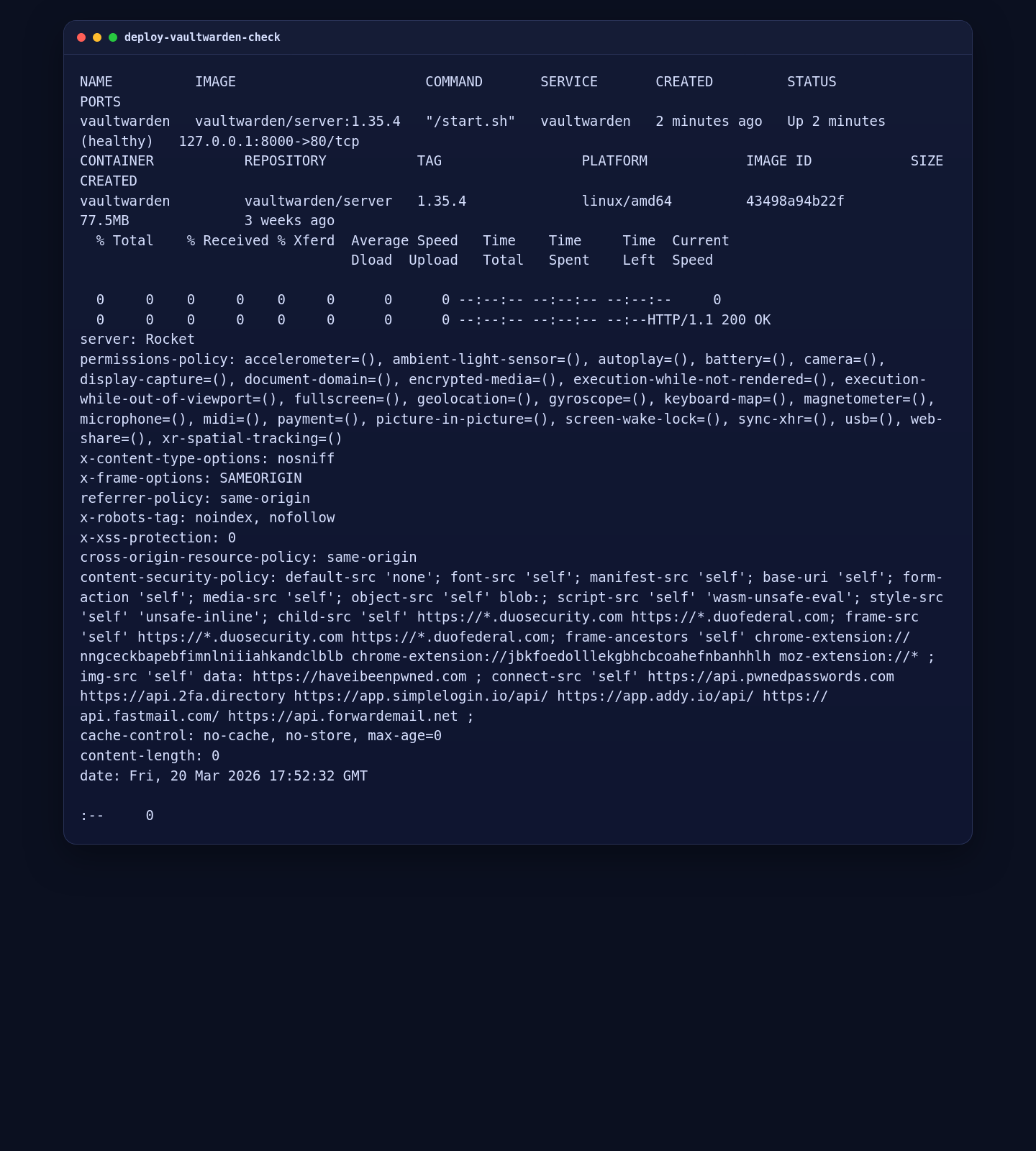 Vaultwarden container status and local HTTP validation on AlmaLinux 10