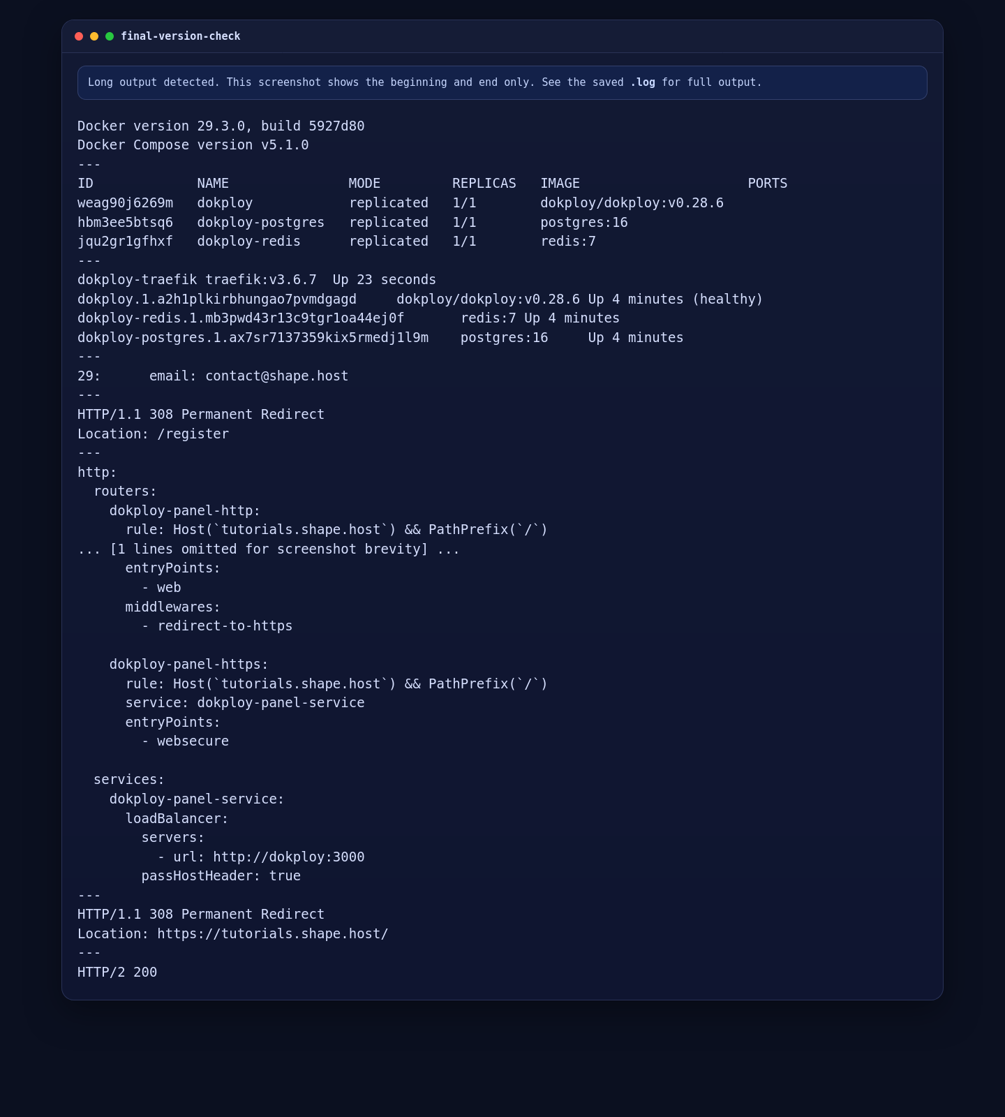 Dokploy service, route, and panel validation on AlmaLinux 10