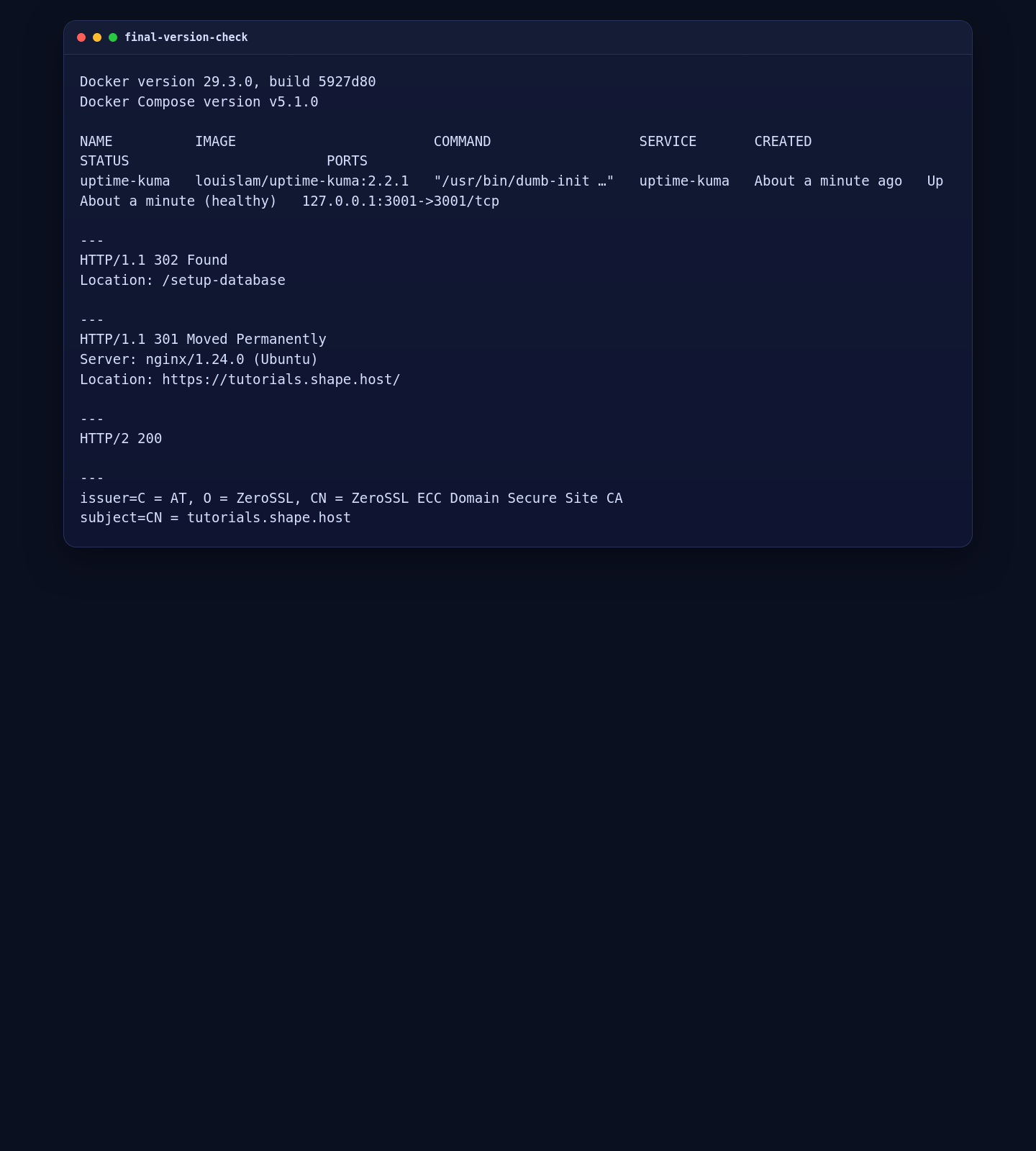 Uptime Kuma final validation and ZeroSSL certificate issuer on Ubuntu 24.04