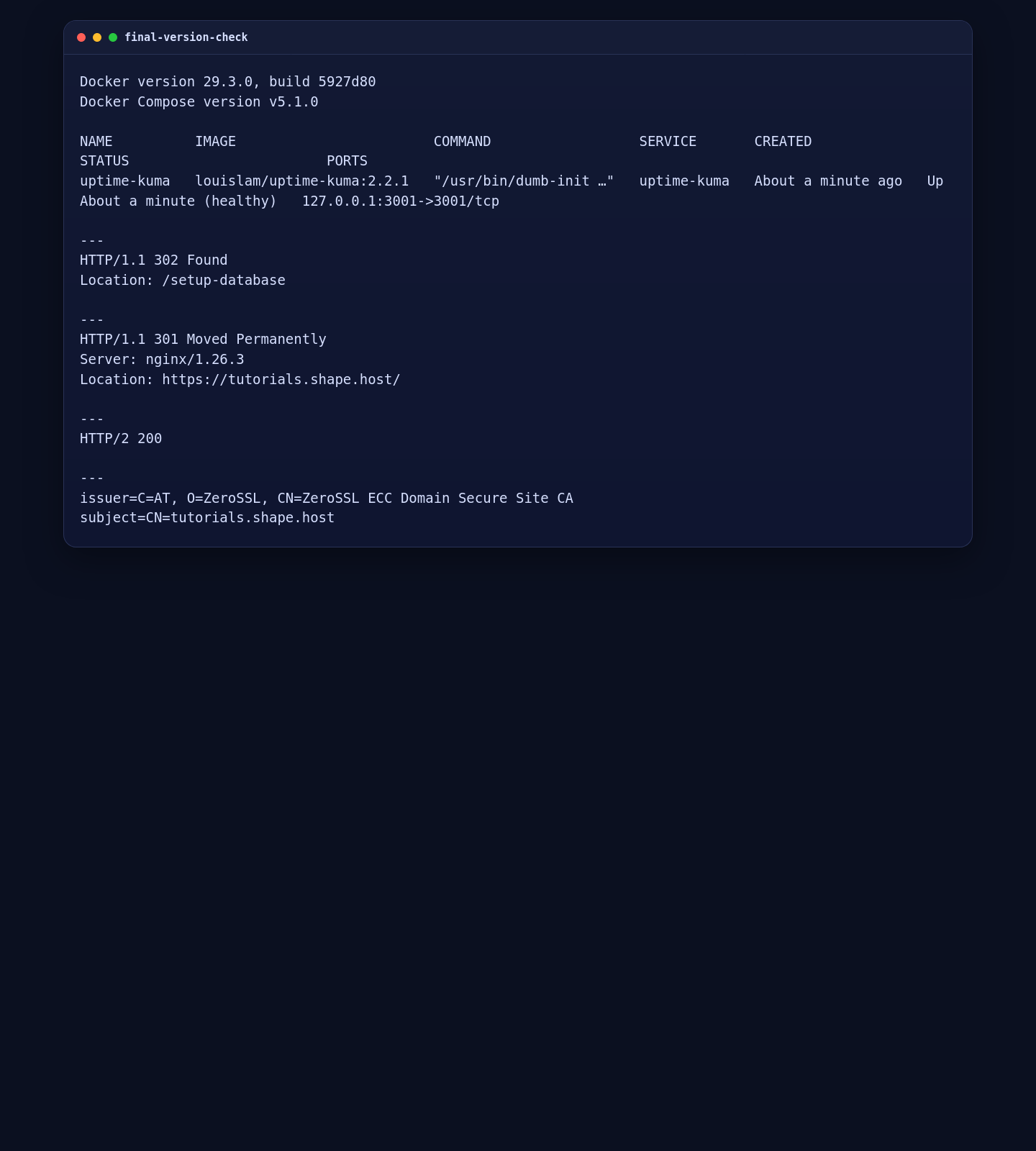 Uptime Kuma final validation and ZeroSSL certificate issuer on AlmaLinux 10