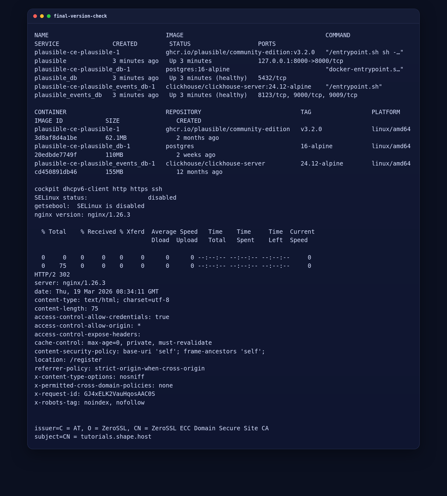 Plausible Analytics container, HTTPS route, and ZeroSSL certificate validation on AlmaLinux 10