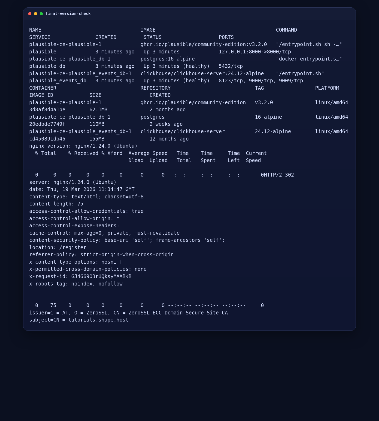 Plausible Analytics container, HTTPS route, and ZeroSSL certificate validation on Ubuntu 24.04