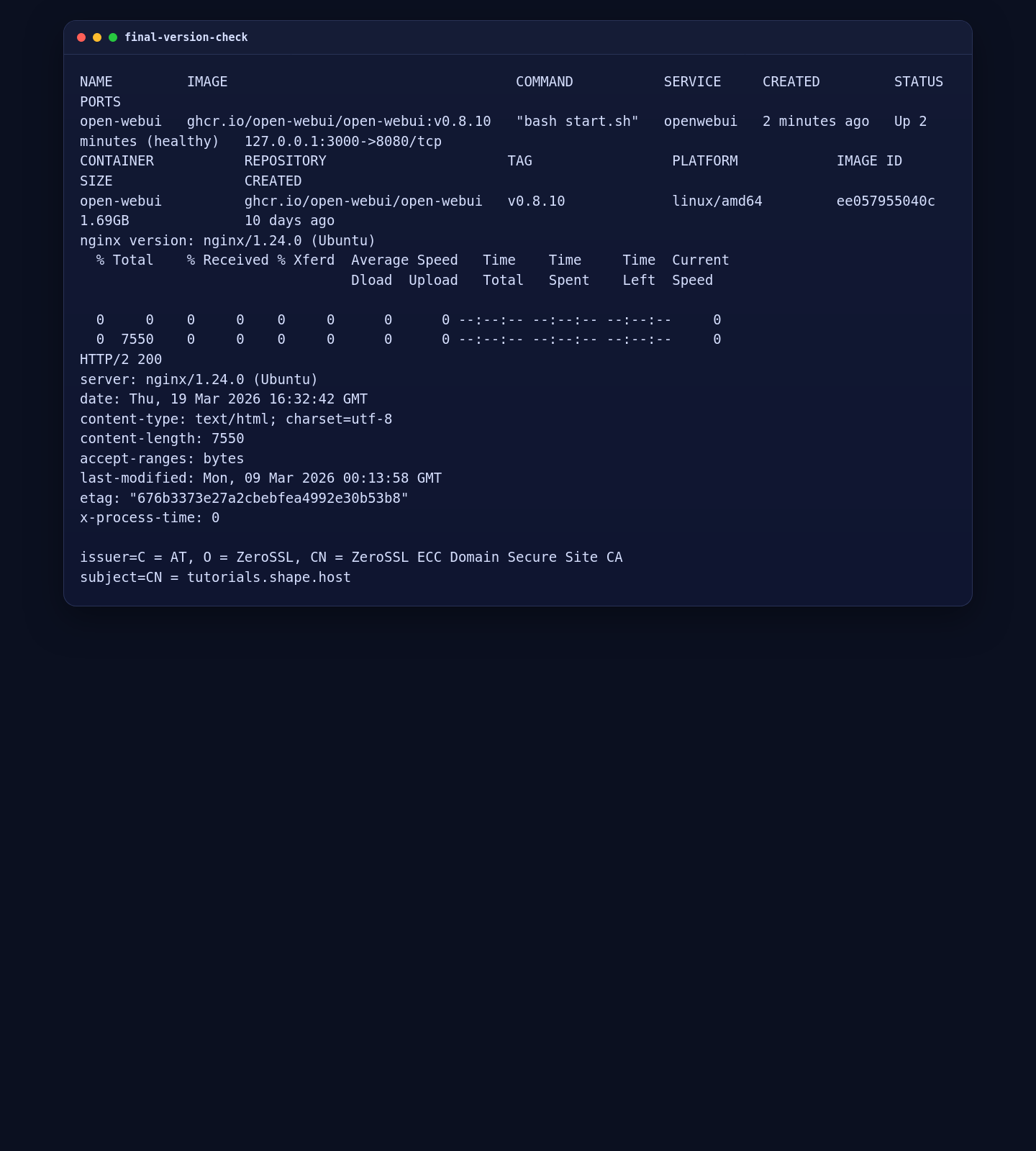 Open WebUI container, HTTPS route, and ZeroSSL certificate validation on Ubuntu 24.04