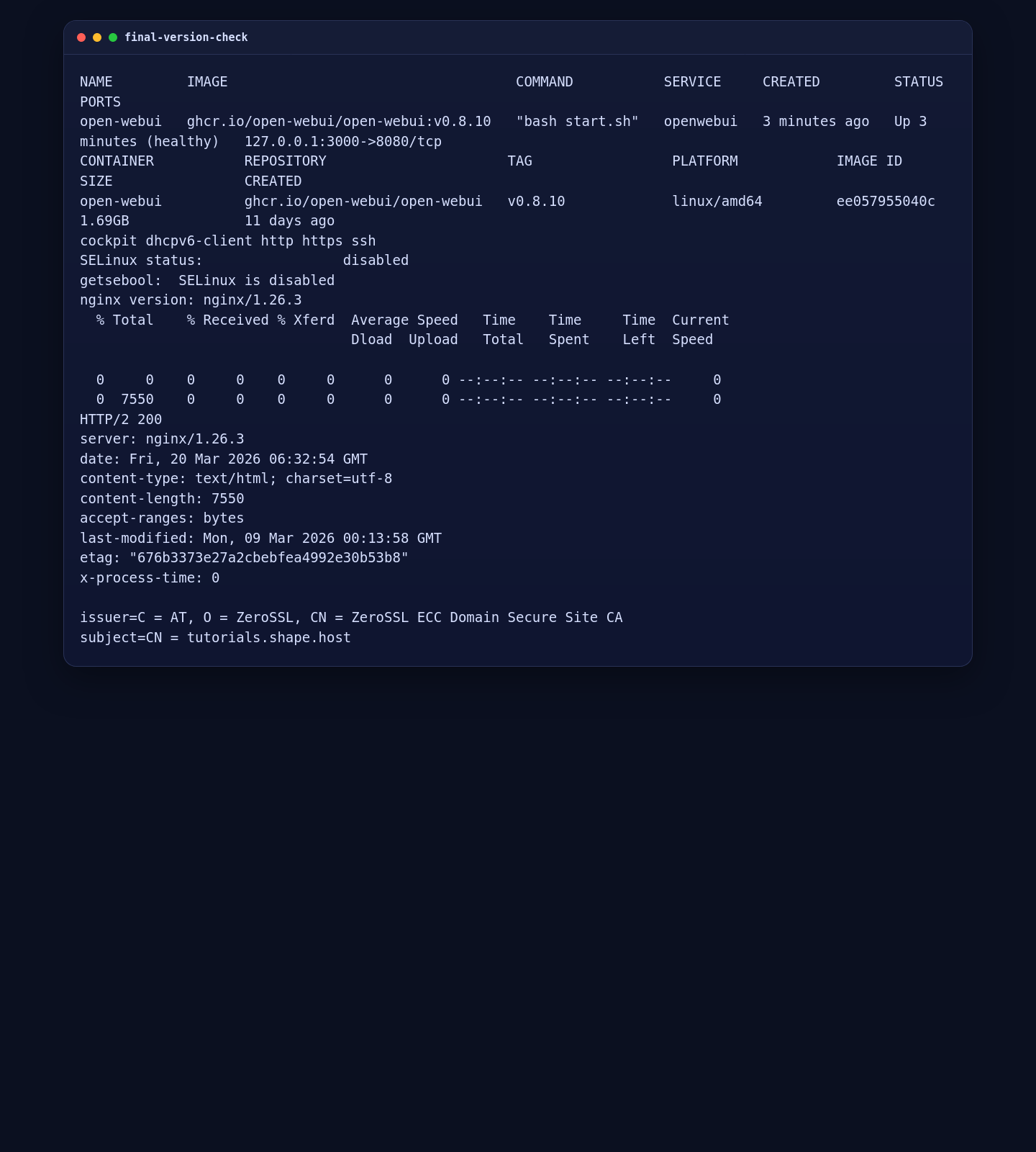 Final Open WebUI terminal validation on AlmaLinux 10 with ZeroSSL and Nginx