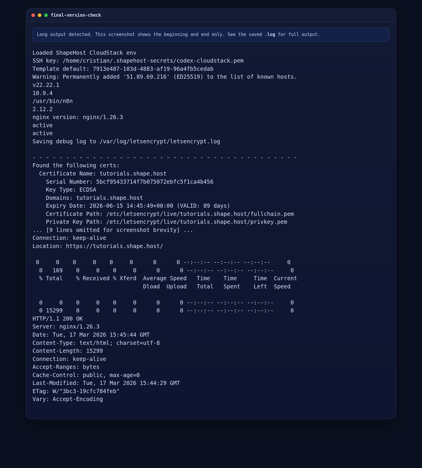 Version, certificate, and HTTPS validation for n8n on AlmaLinux 10
