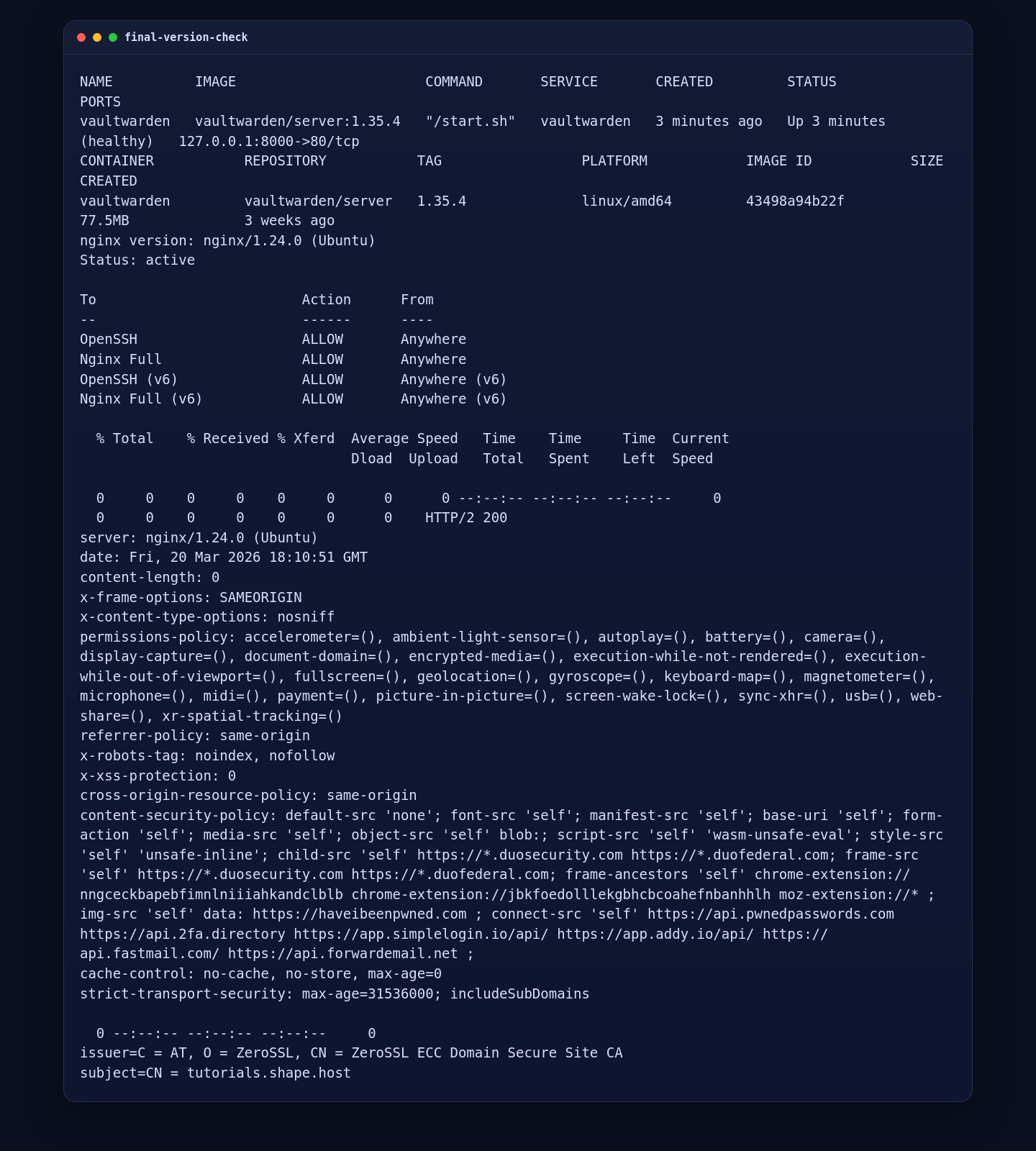 Final Vaultwarden HTTPS validation on Ubuntu 24.04