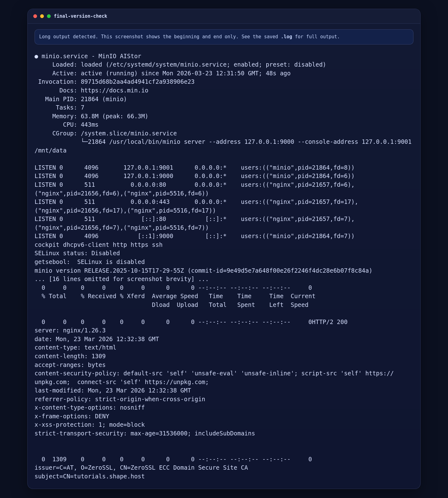Final MinIO HTTPS validation on AlmaLinux 10