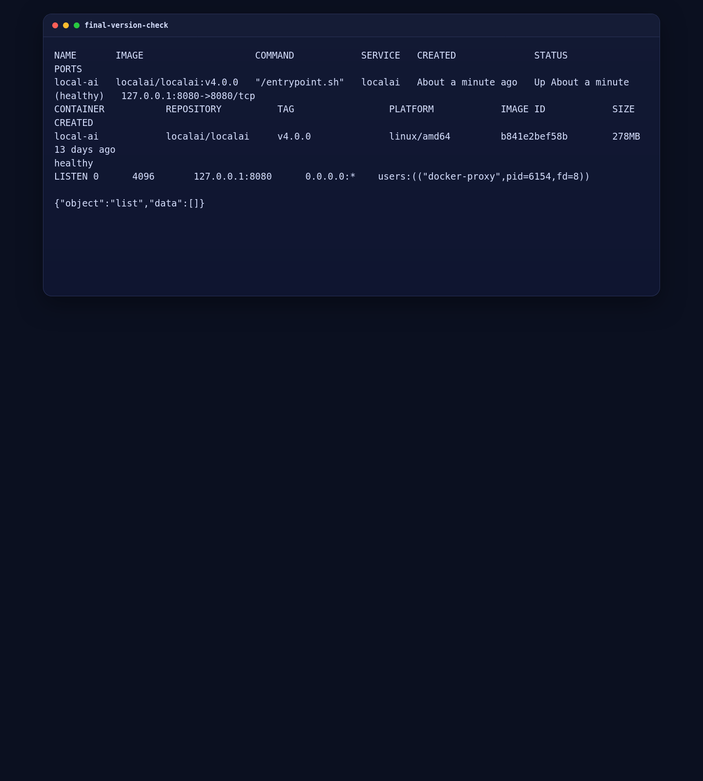 Final LocalAI validation on AlmaLinux 10