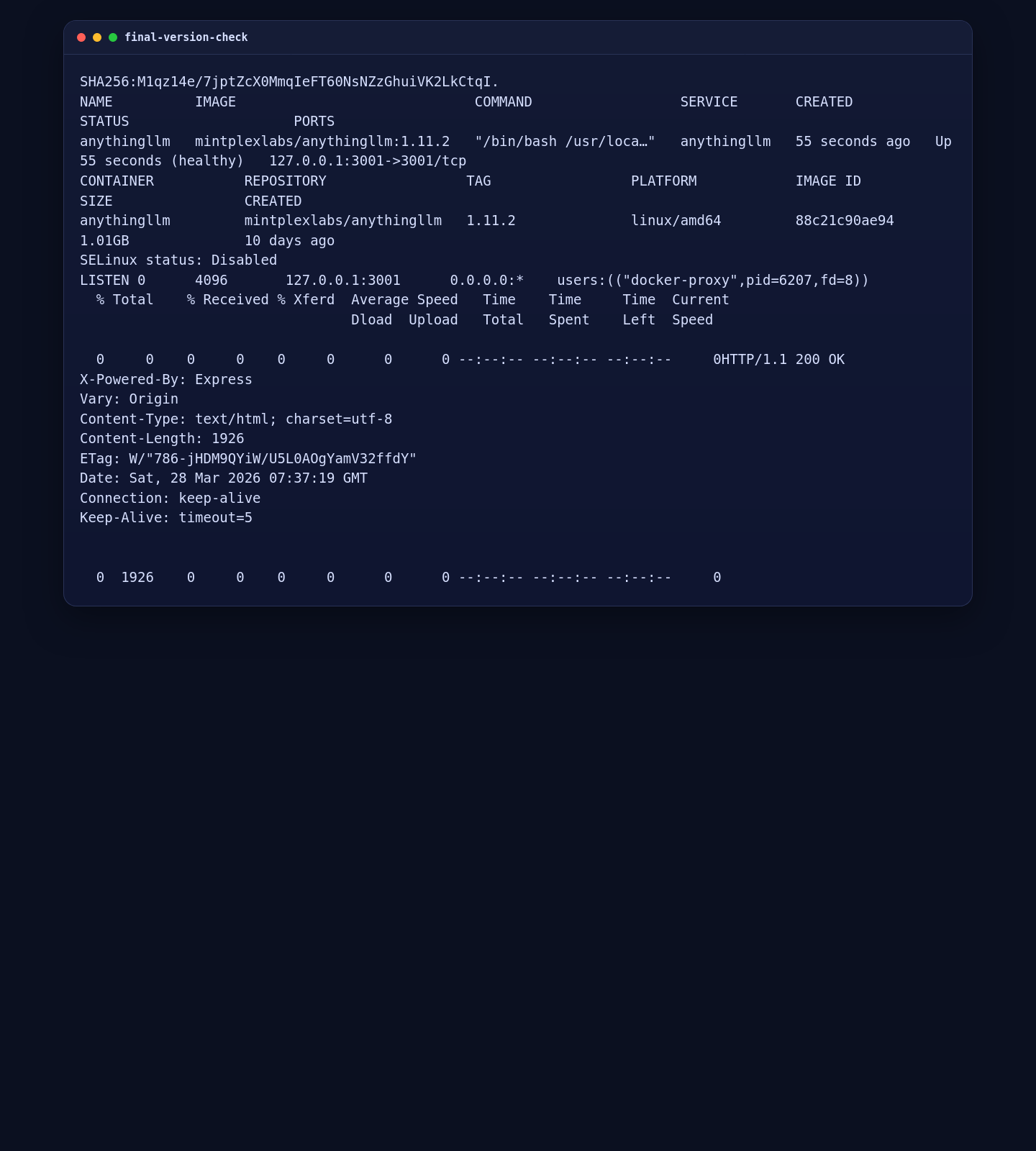 Final AnythingLLM validation on AlmaLinux 10