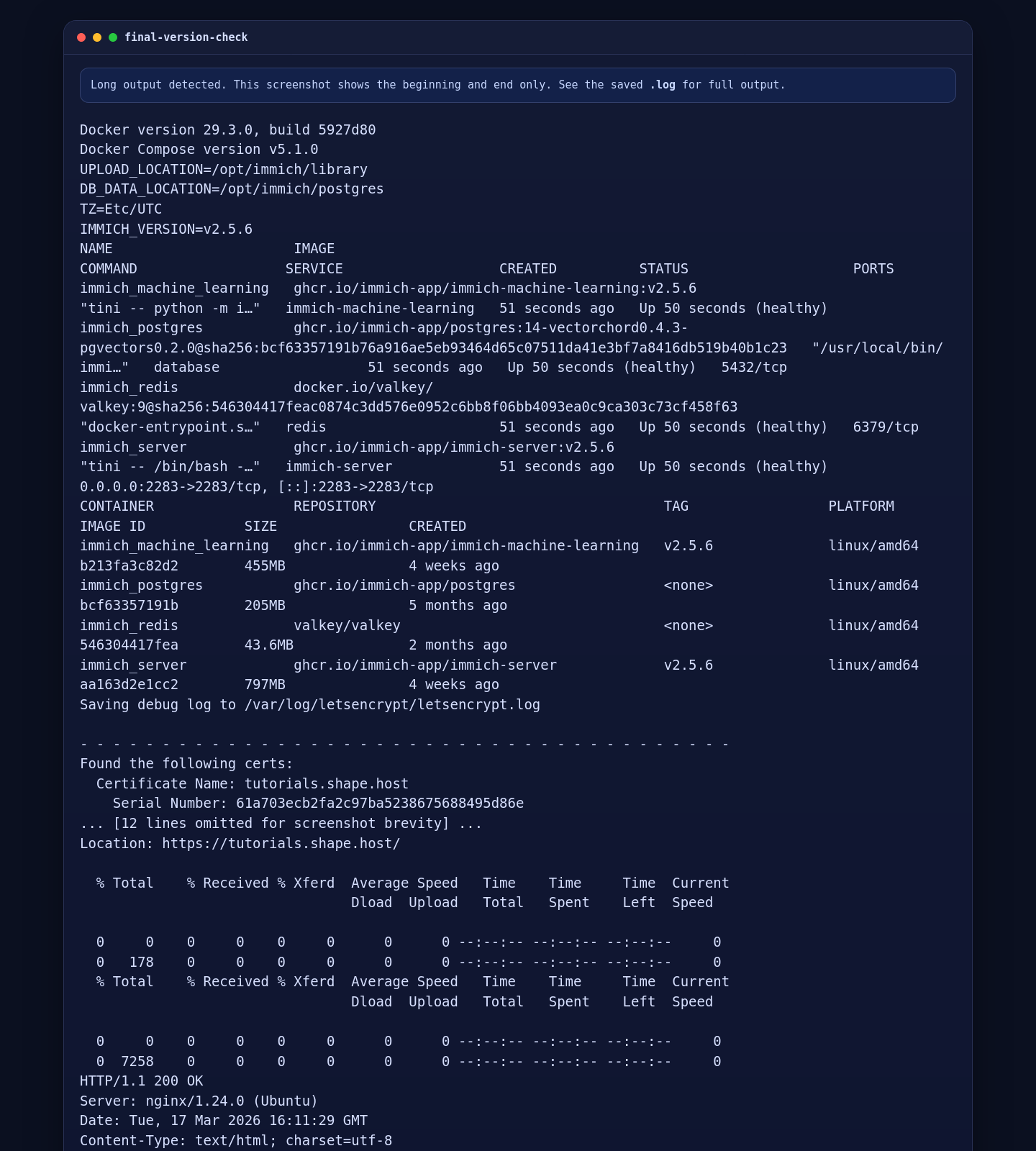 Docker, container, certificate, and HTTPS validation for Immich on Ubuntu 24.04