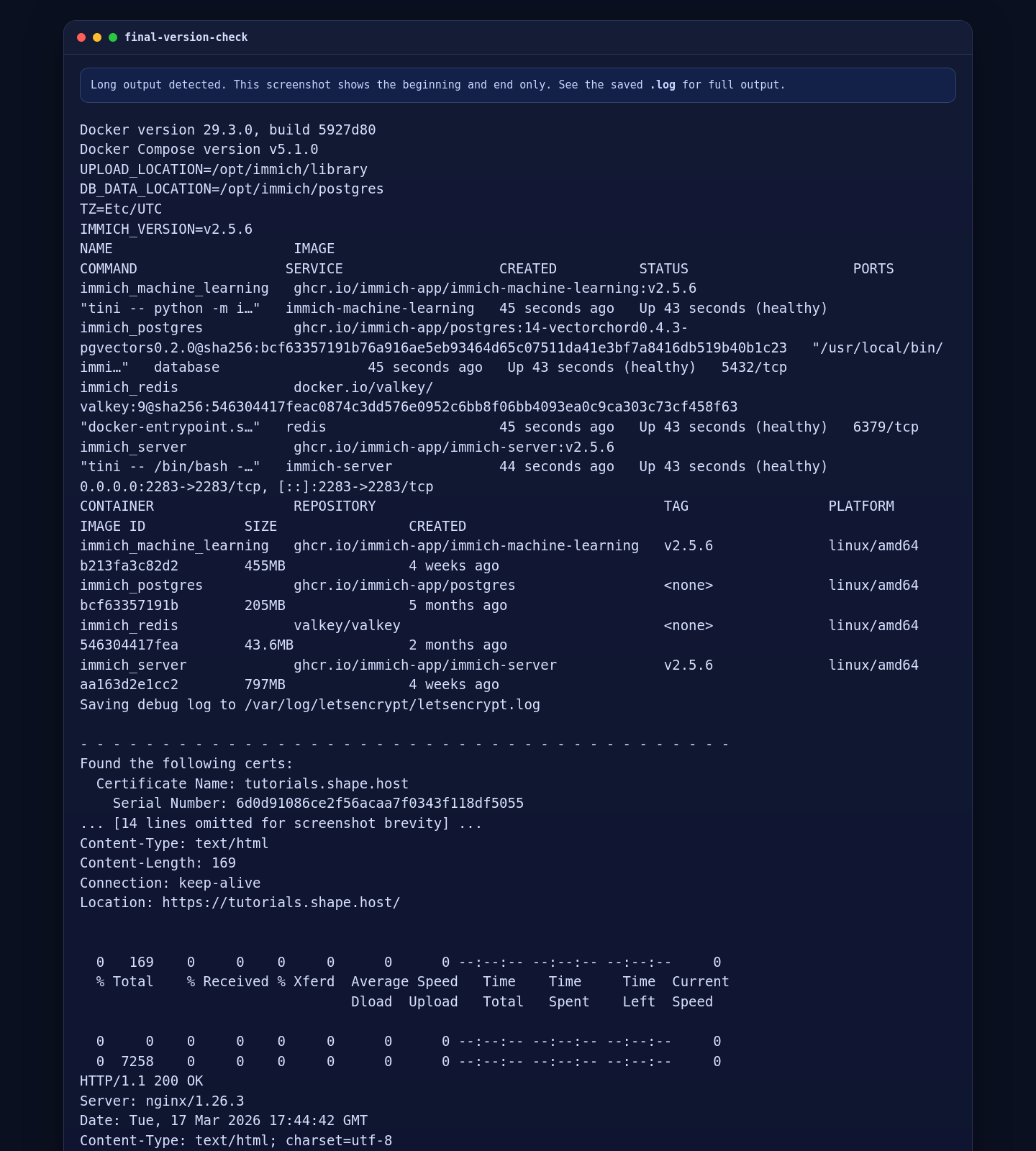 Docker, container, certificate, and HTTPS validation for Immich on AlmaLinux 10