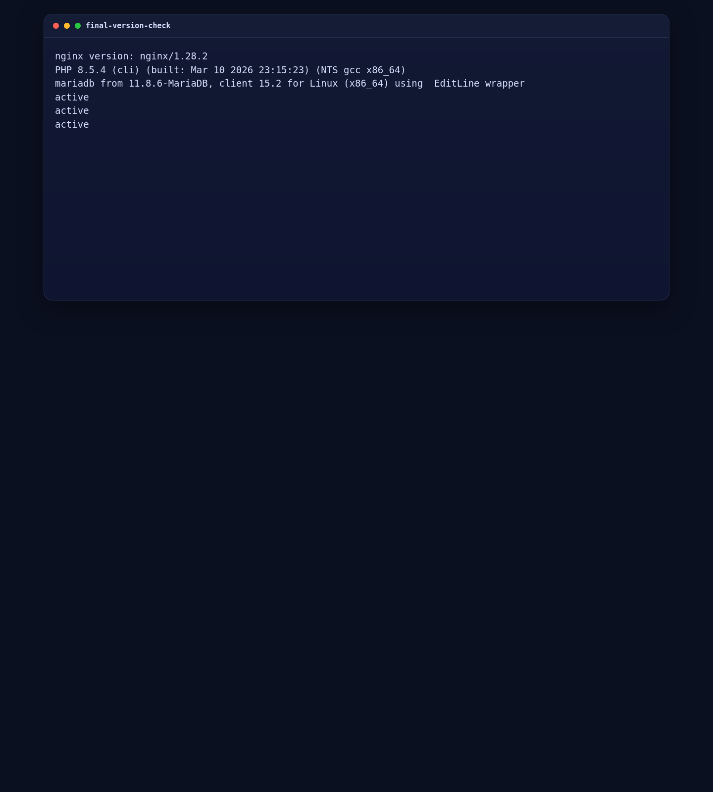 Version validation for Nginx, PHP 8.5, and MariaDB on AlmaLinux 10