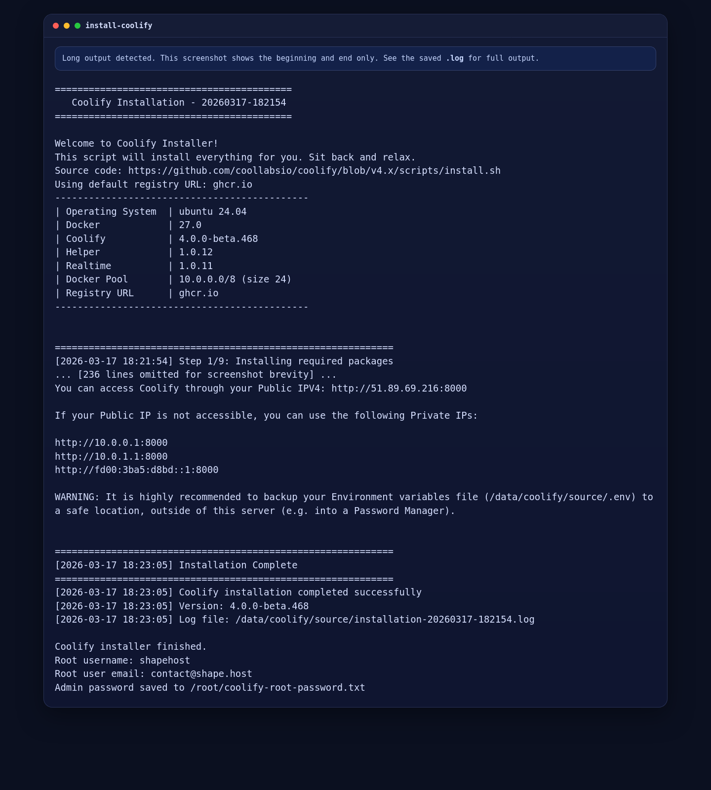 Official Coolify installer running on Ubuntu 24.04