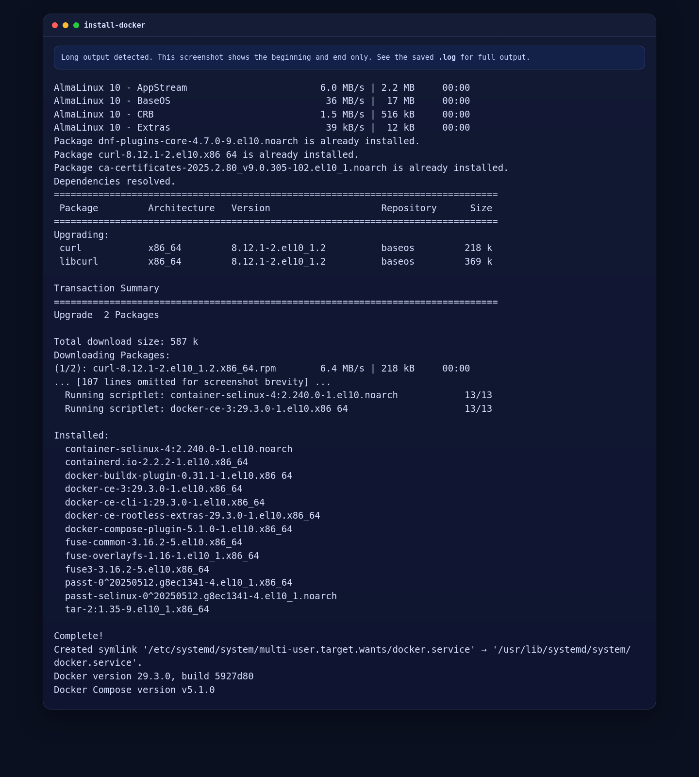 Docker installation from the official repository on AlmaLinux 10 for Uptime Kuma