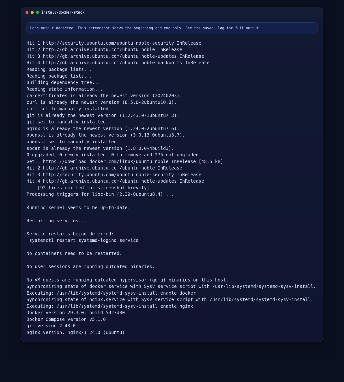 Docker Engine, Docker Compose, Nginx, and Git installed on Ubuntu 24.04 for Plausible Analytics