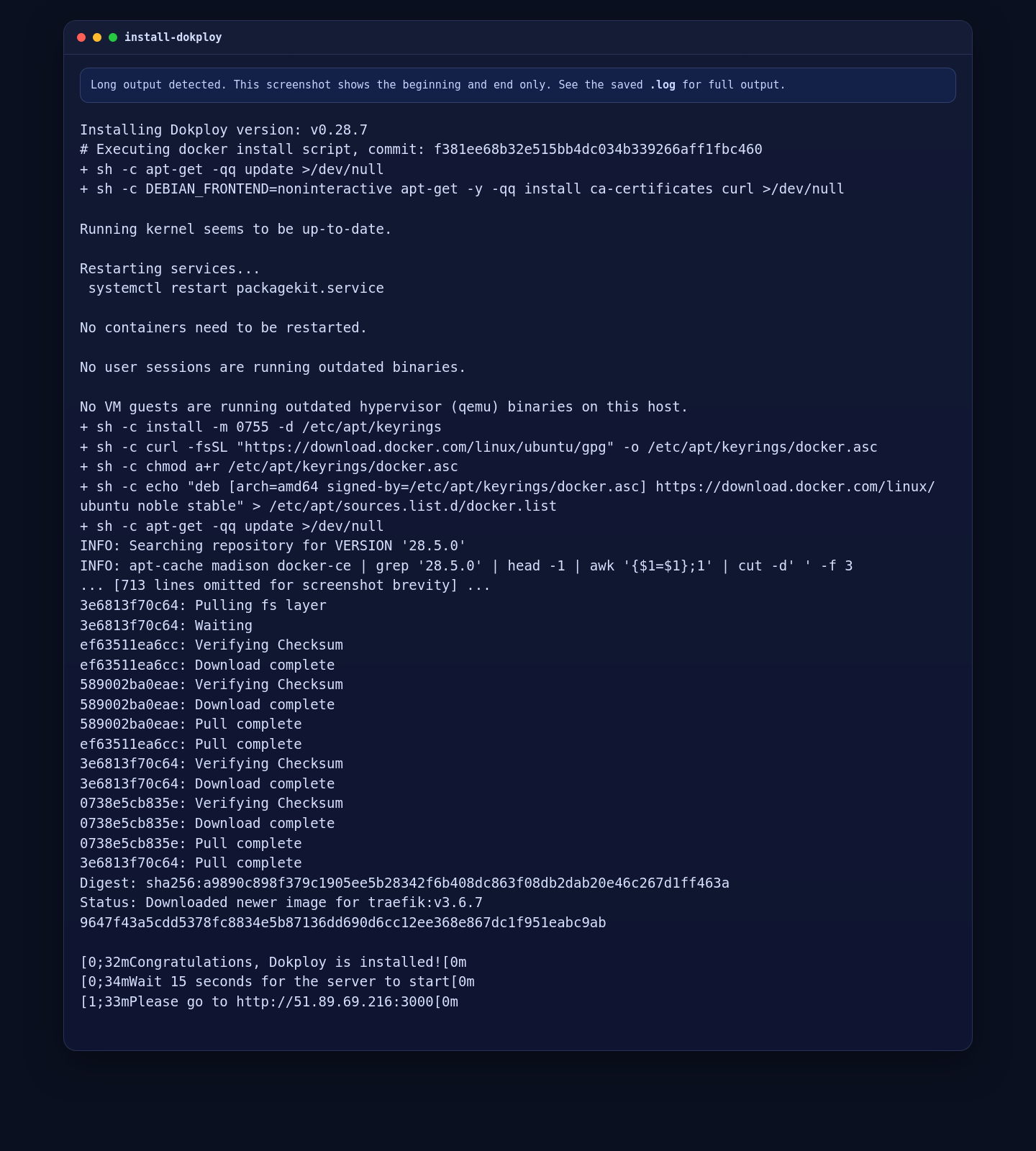 Dokploy installation on Ubuntu 24.04 with the official installer