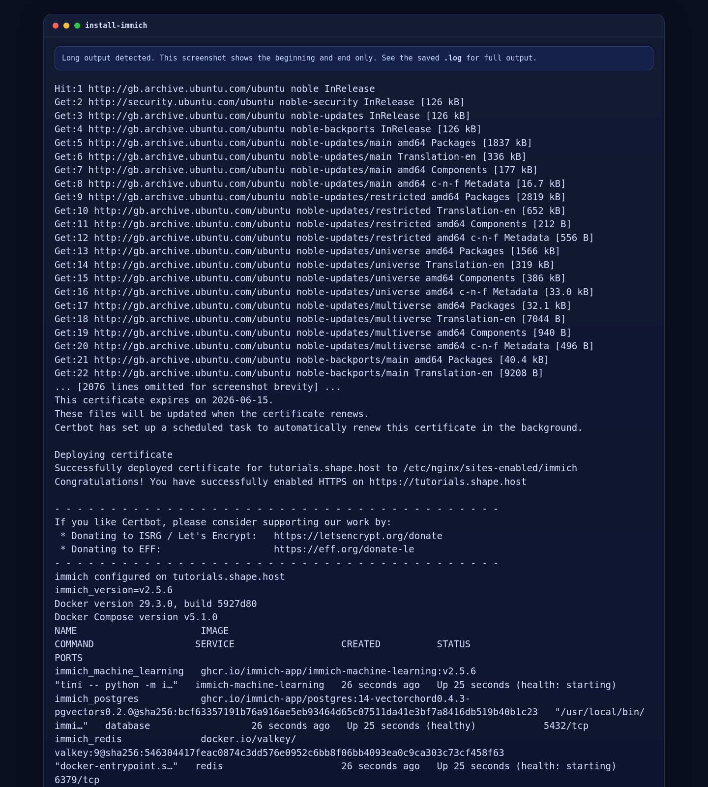 Installing Docker, deploying Immich, and issuing SSL on Ubuntu 24.04