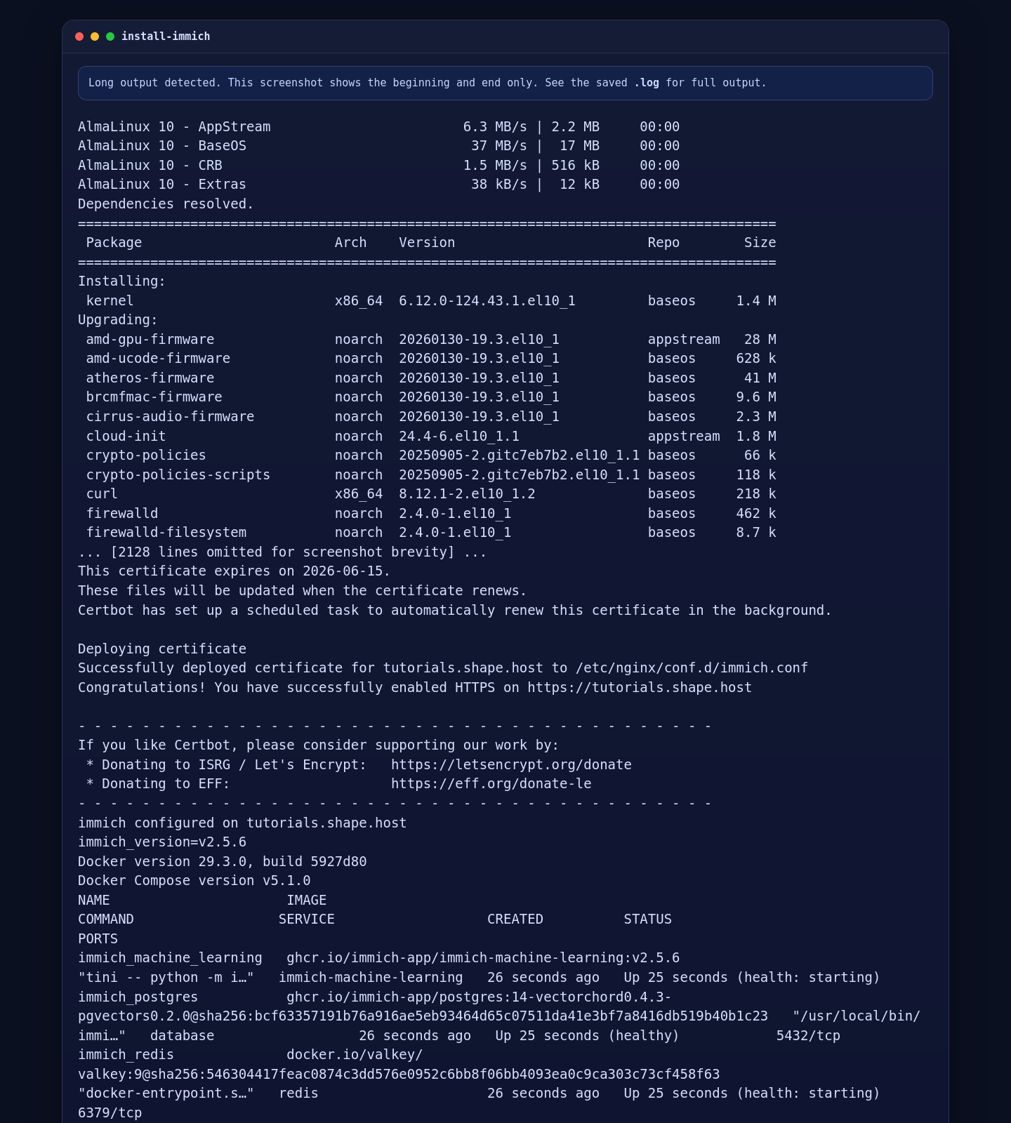 Installing Docker, deploying Immich, and issuing SSL on AlmaLinux 10