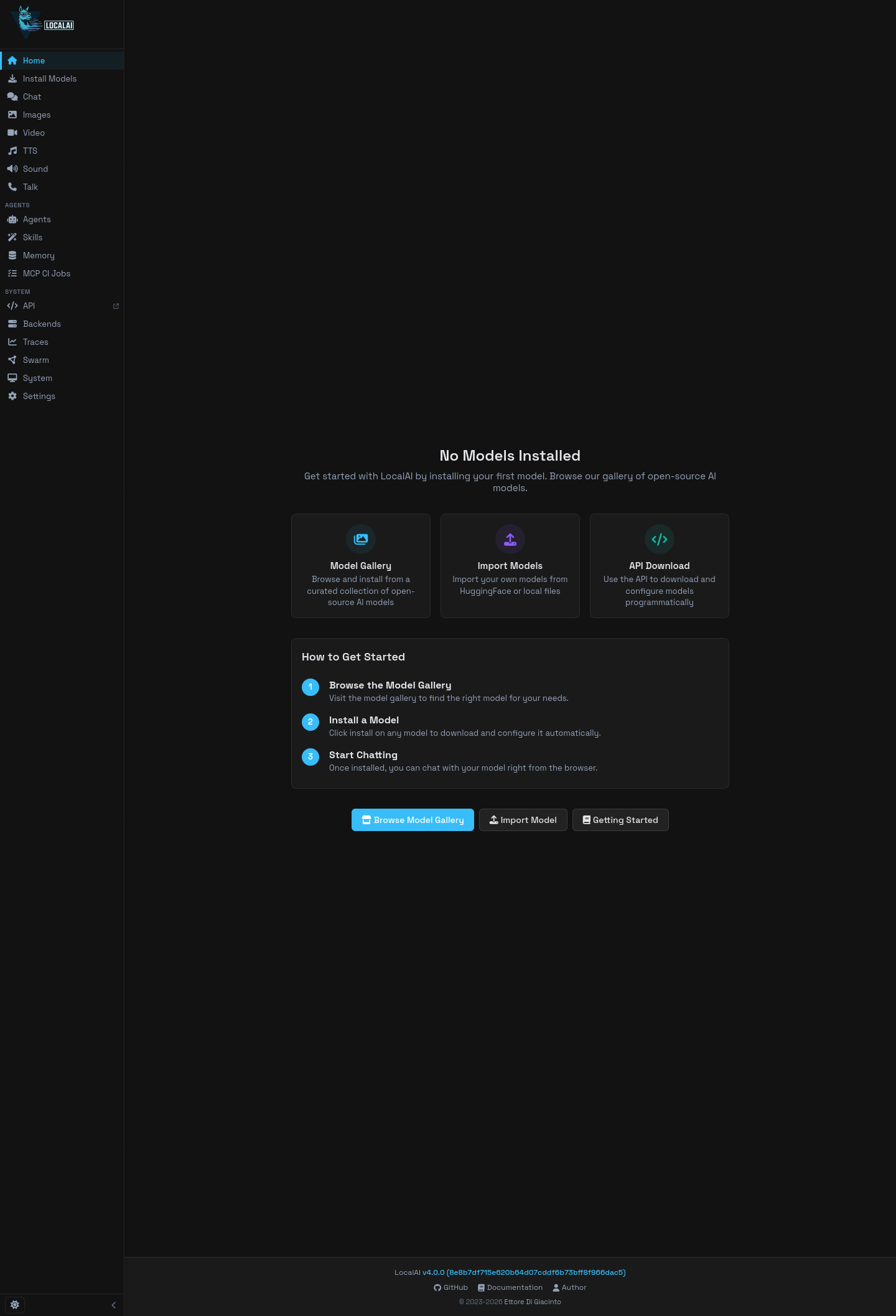 LocalAI WebUI accessed over an SSH tunnel on Ubuntu 24.04