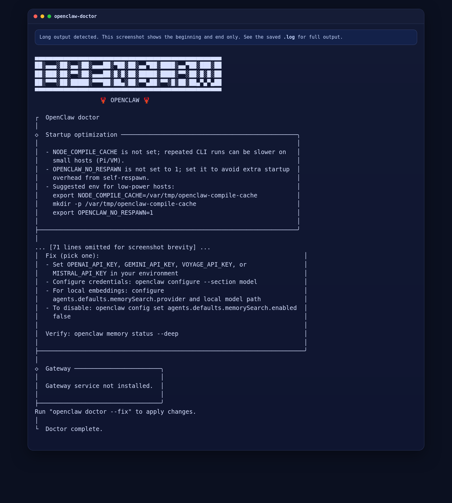 OpenClaw doctor output after a fresh install on Ubuntu 24.04