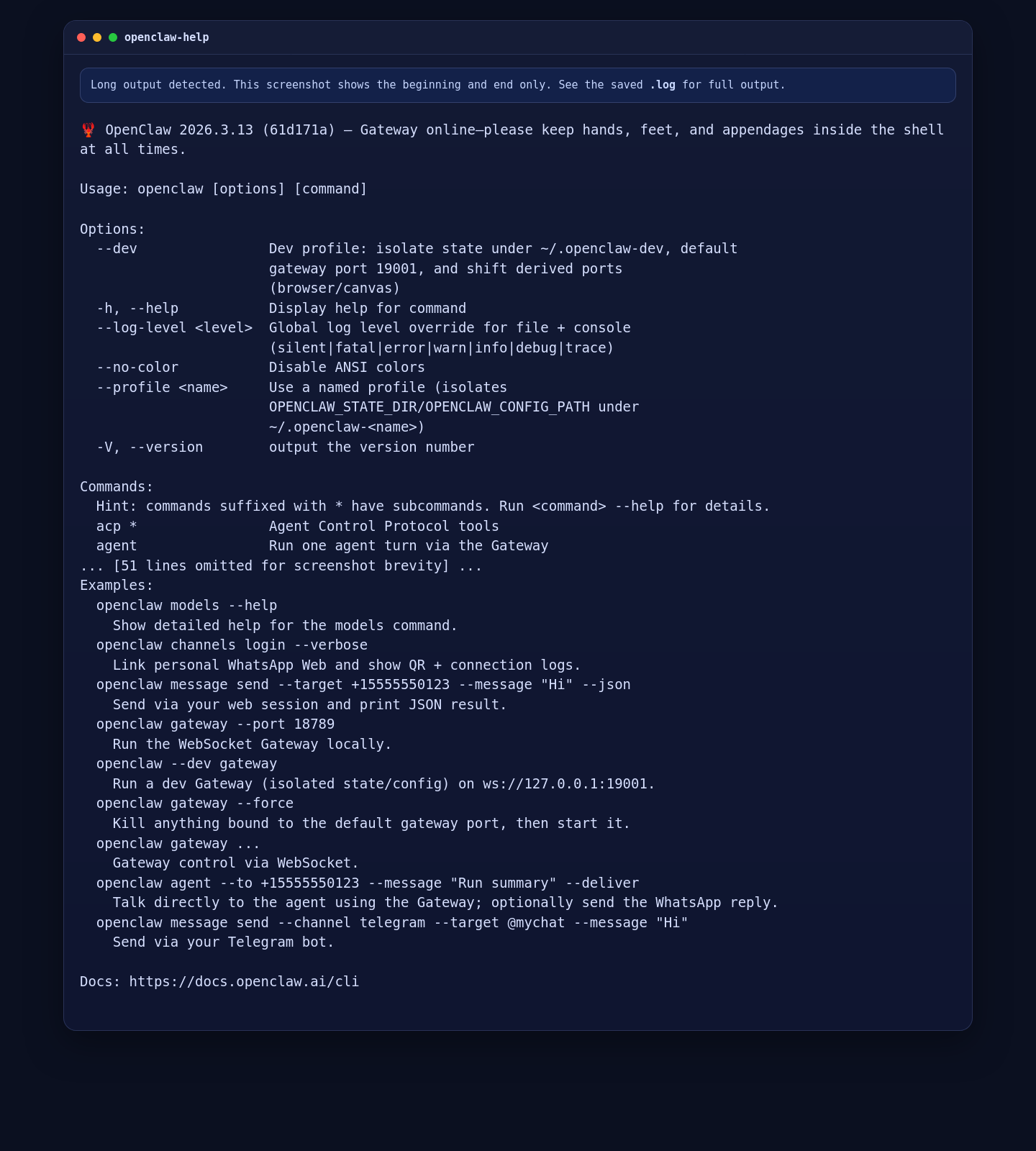OpenClaw CLI help output on Ubuntu 24.04