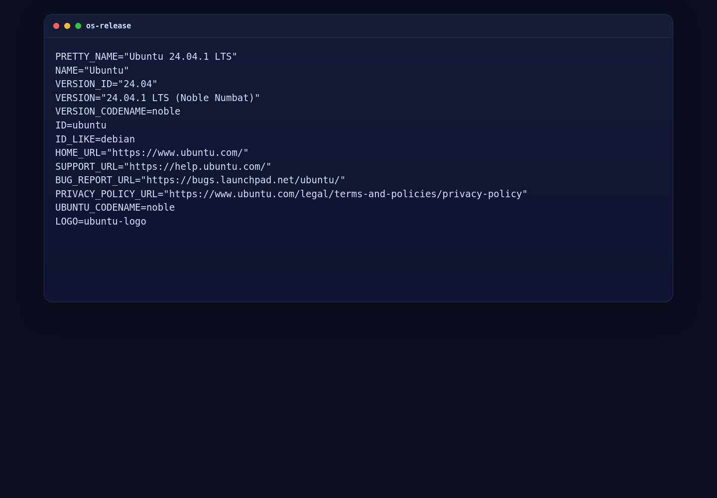 Ubuntu 24.04.1 LTS os-release output on the Shape.Host LEMP tutorial VM