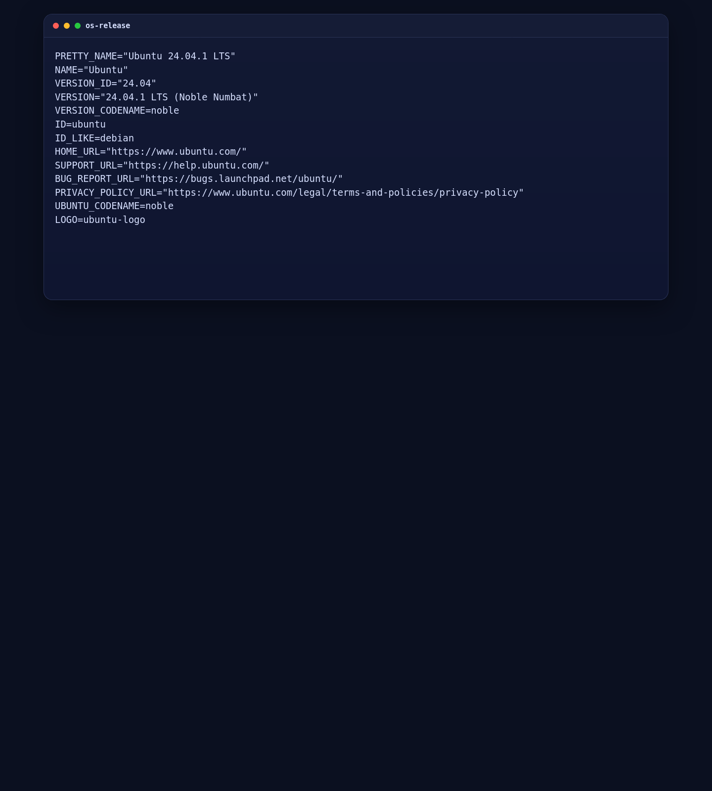 Ubuntu 24.04.1 LTS os-release output on the Vaultwarden tutorial server