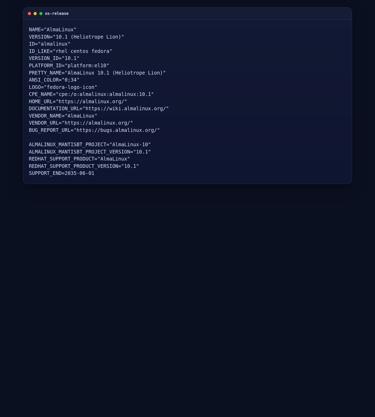 AlmaLinux 10.1 os-release output on the LocalAI server