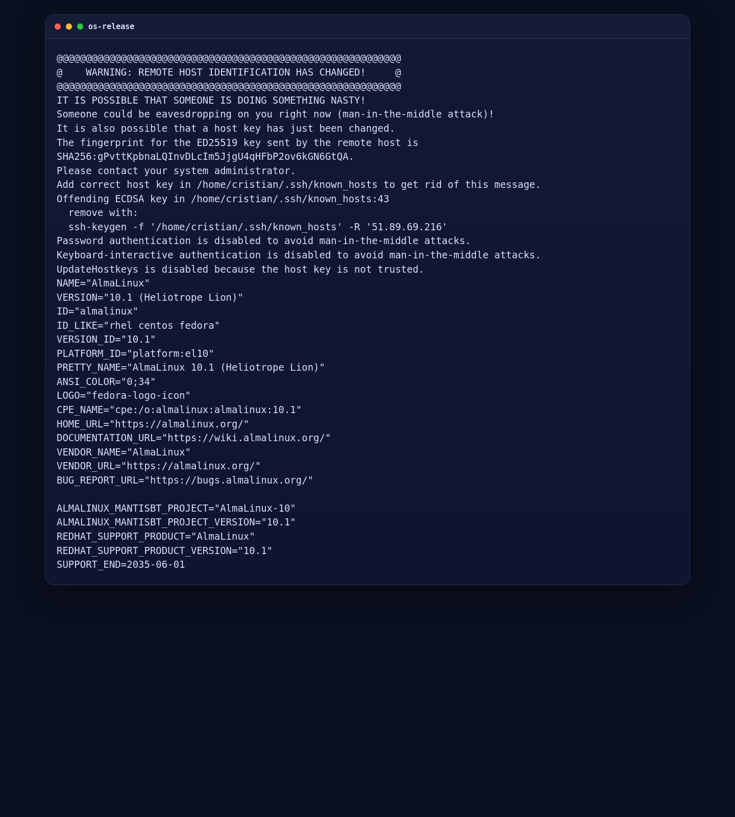 AlmaLinux 10.1 os-release output on the n8n tutorial VM