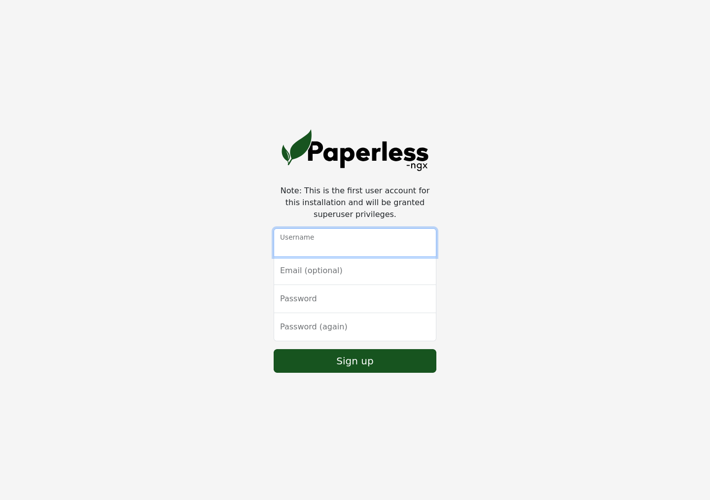 Paperless-ngx first-user signup page over HTTPS on AlmaLinux 10