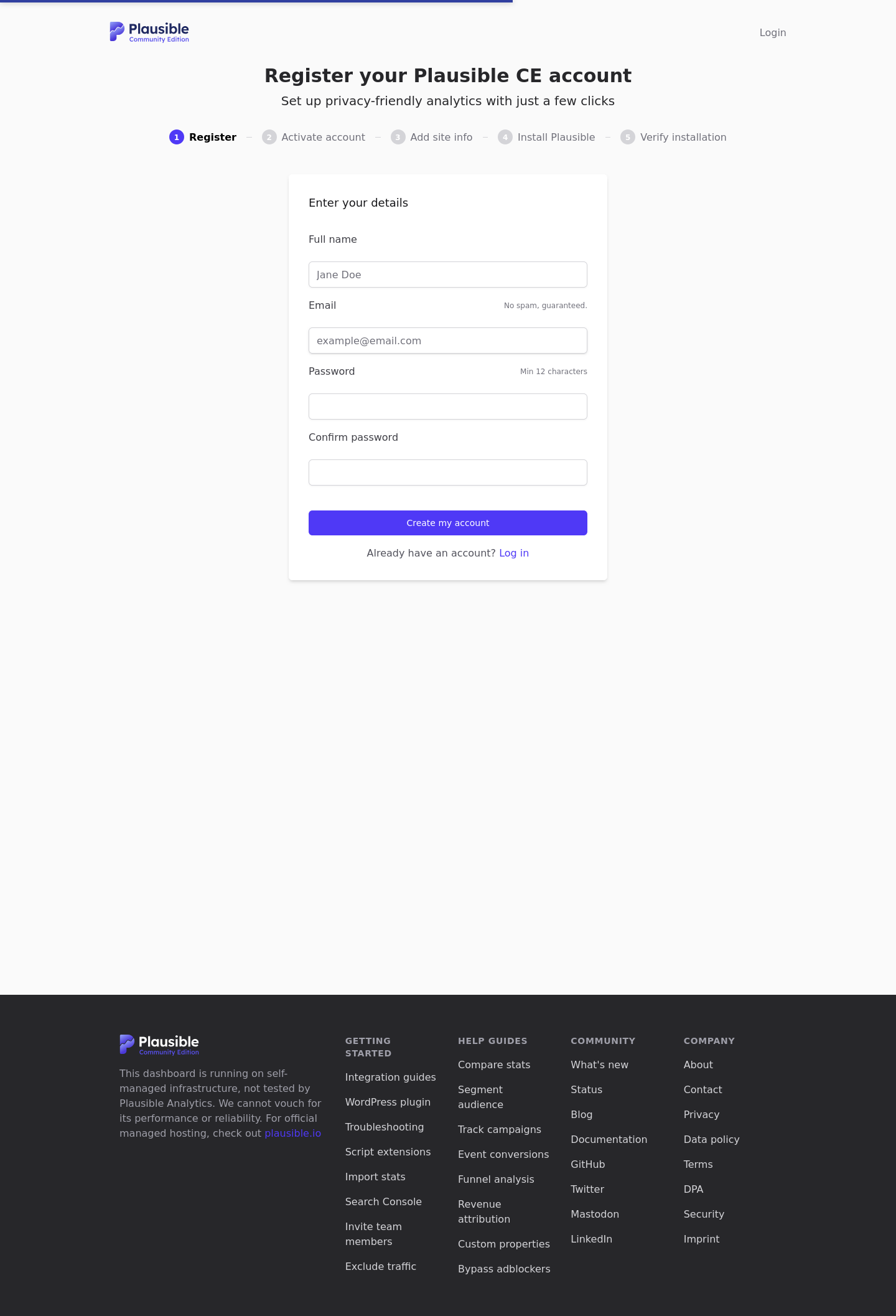 Plausible Analytics Community Edition registration page on tutorials.shape.host