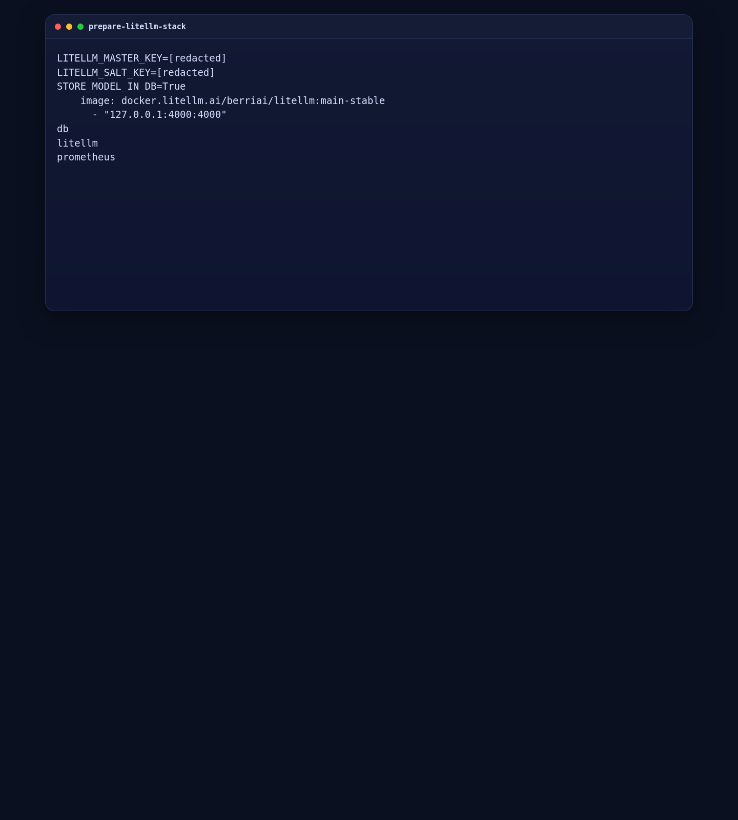 LiteLLM environment file, compose file, and Prometheus file prepared on AlmaLinux 10