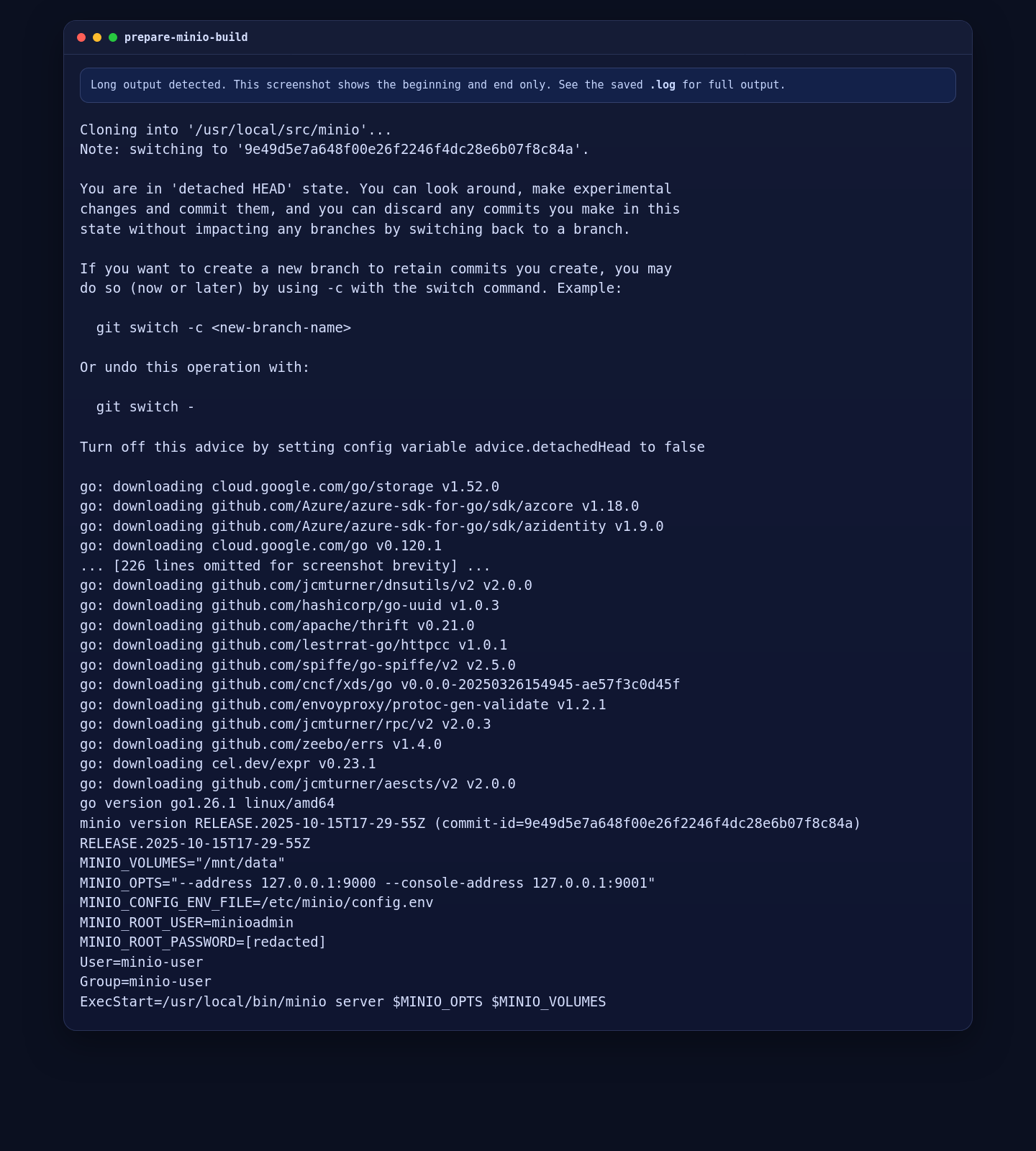 MinIO source build and official service configuration prepared on Ubuntu 24.04