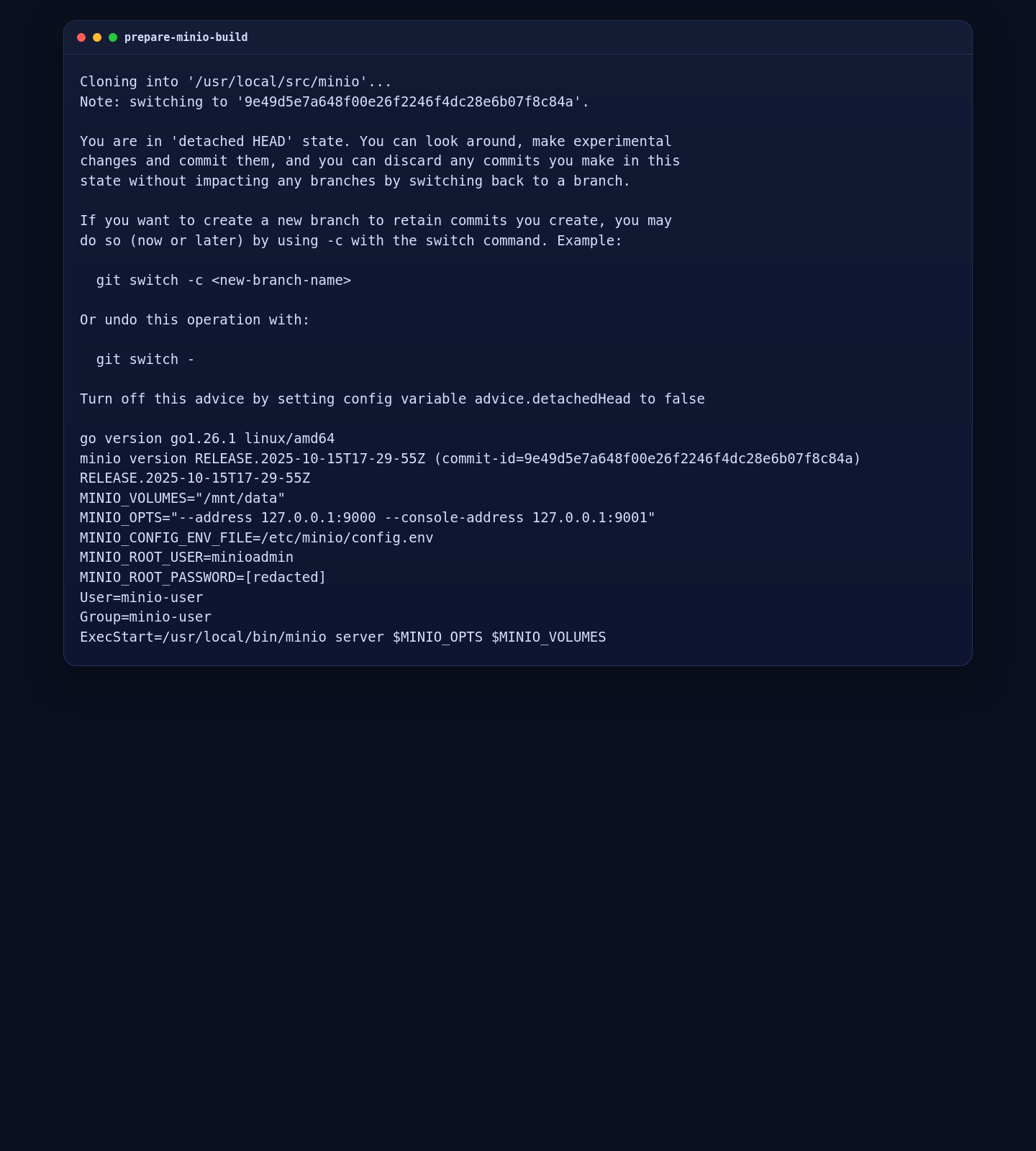 MinIO source build and official service configuration prepared on AlmaLinux 10