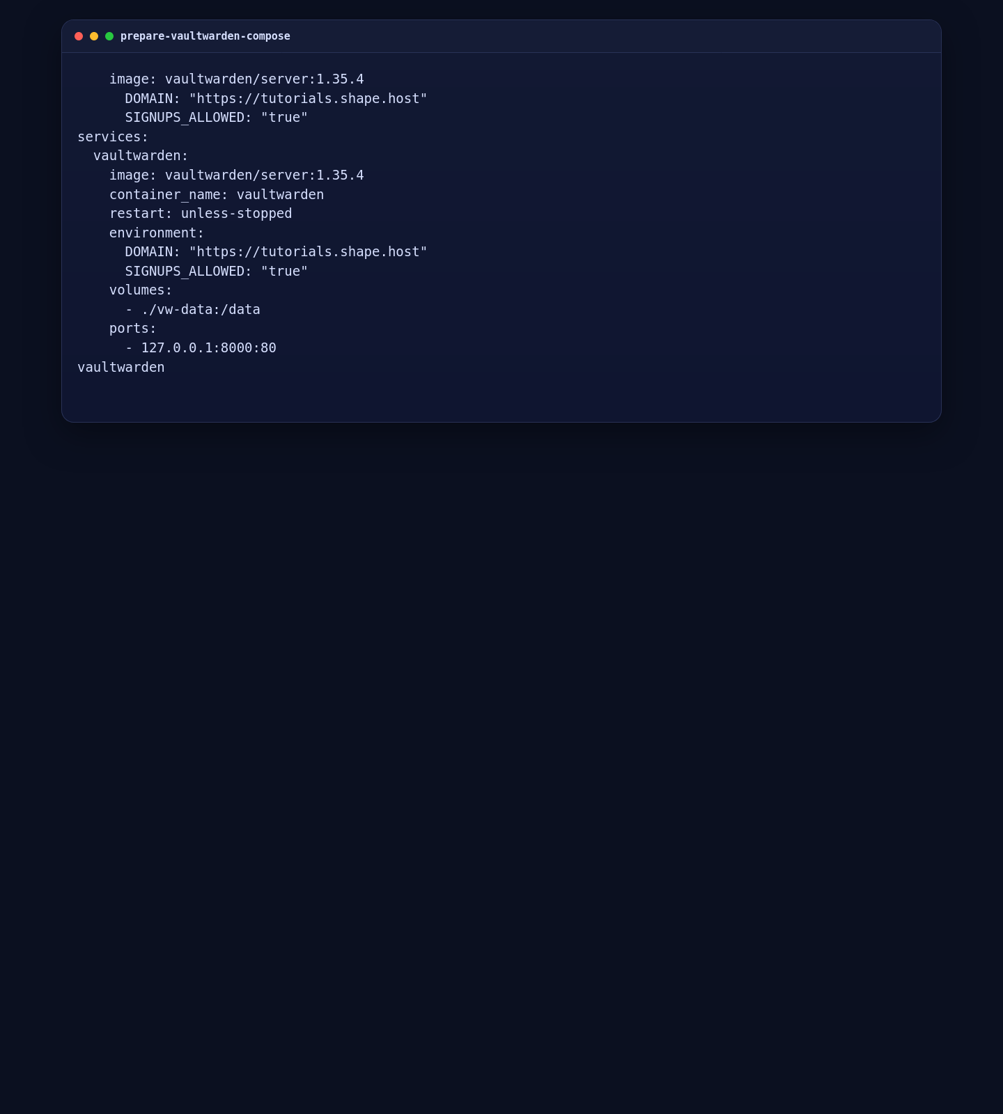 Pinned Vaultwarden Docker Compose configuration on Ubuntu 24.04
