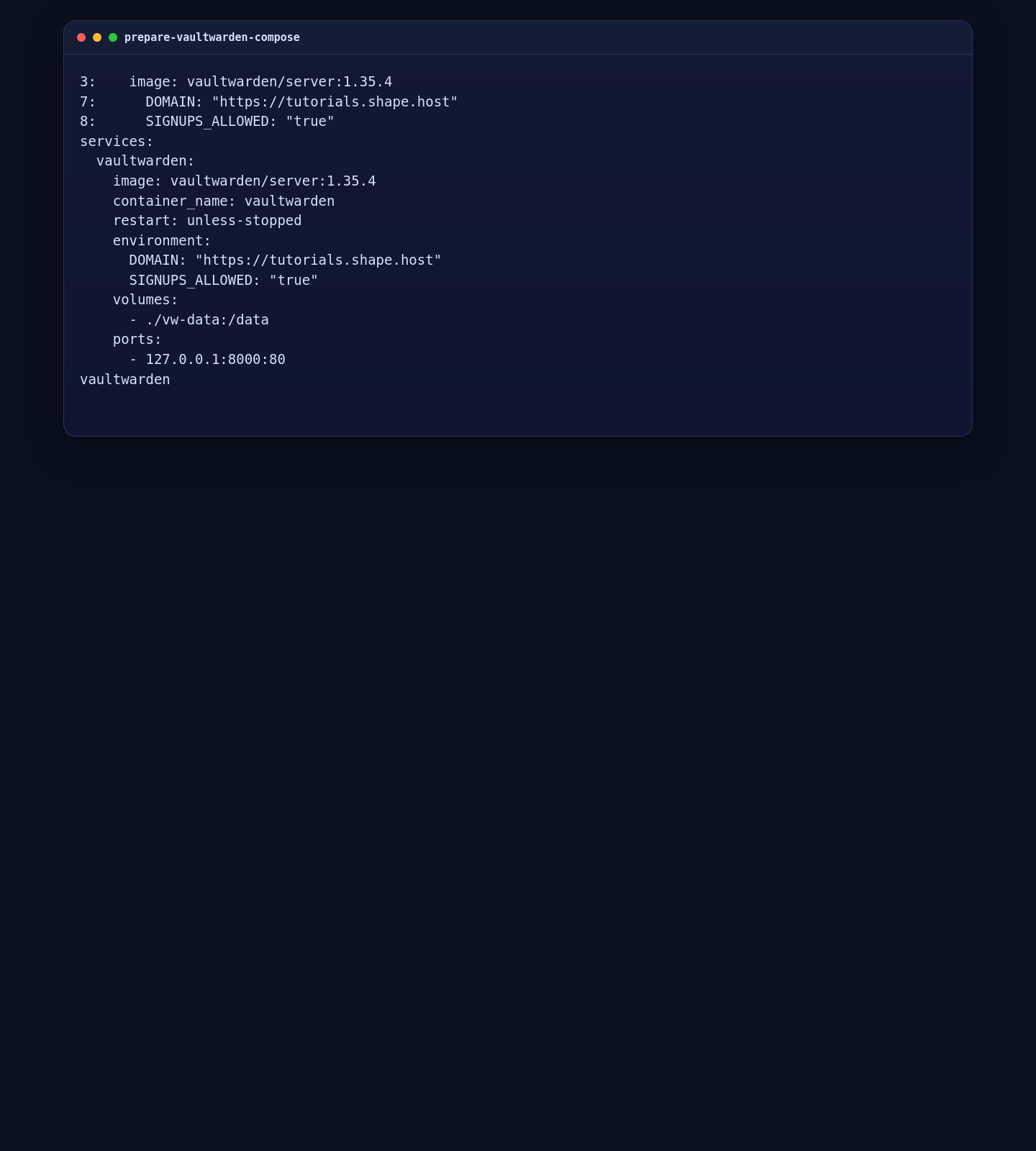 Pinned Vaultwarden Docker Compose configuration on AlmaLinux 10