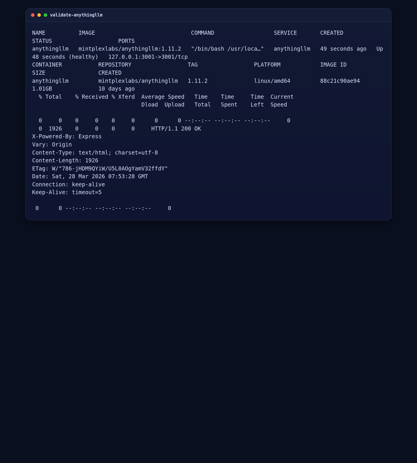 AnythingLLM container status and local HTTP validation on Ubuntu 24.04