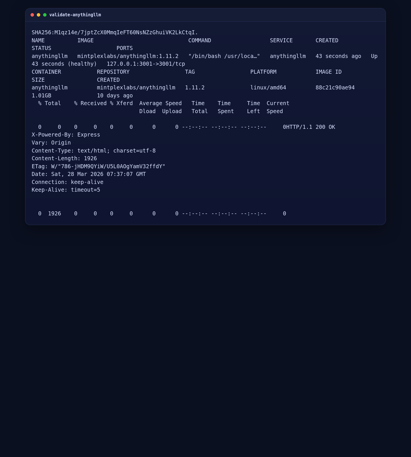 AnythingLLM container status and local HTTP validation on AlmaLinux 10