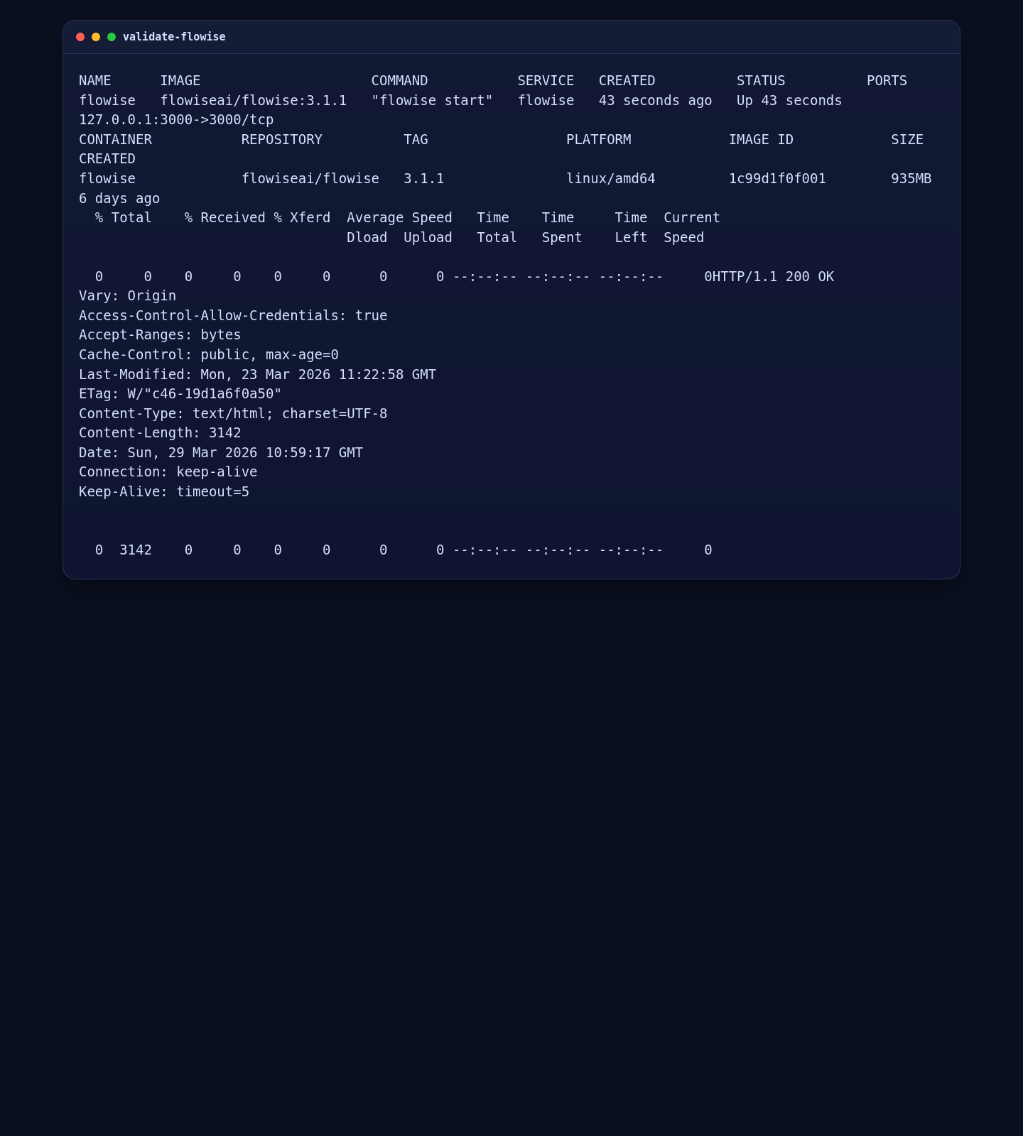 FlowiseAI container status and local HTTP validation on AlmaLinux 10