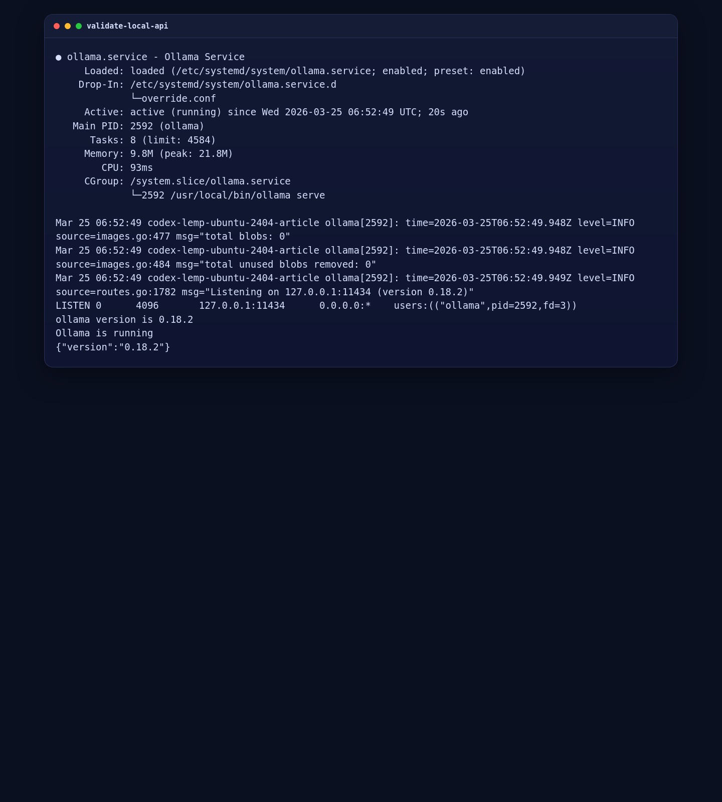 Local Ollama API validation on Ubuntu 24.04