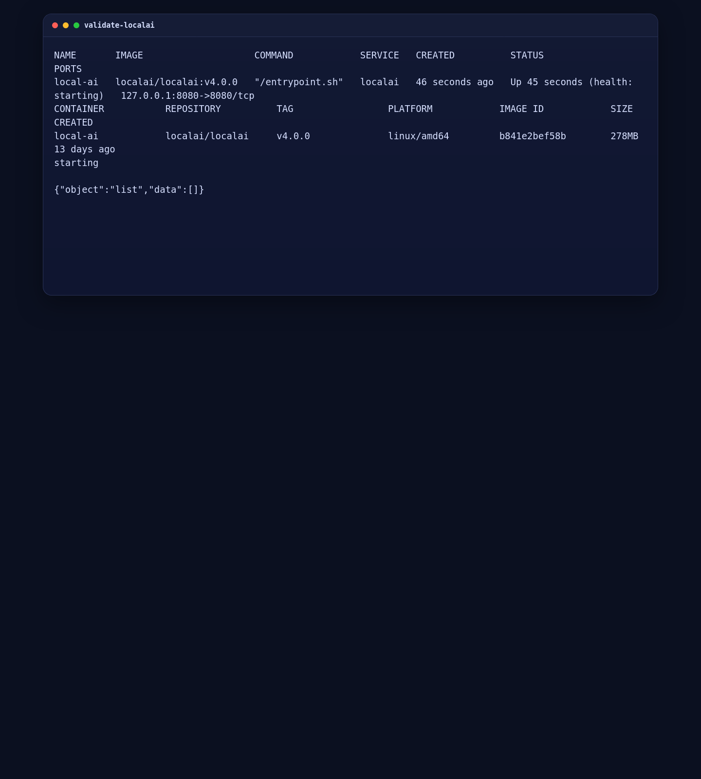 LocalAI health and API validation on AlmaLinux 10